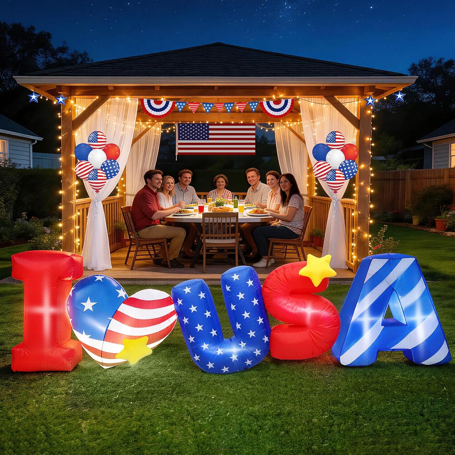8FT Inflatable Outdoor Decoration, 4th of July Patriotic Blow Up with Built-in 6 LED Lights, American Independence Day Yard Decor for Holiday Party Garden Lawn