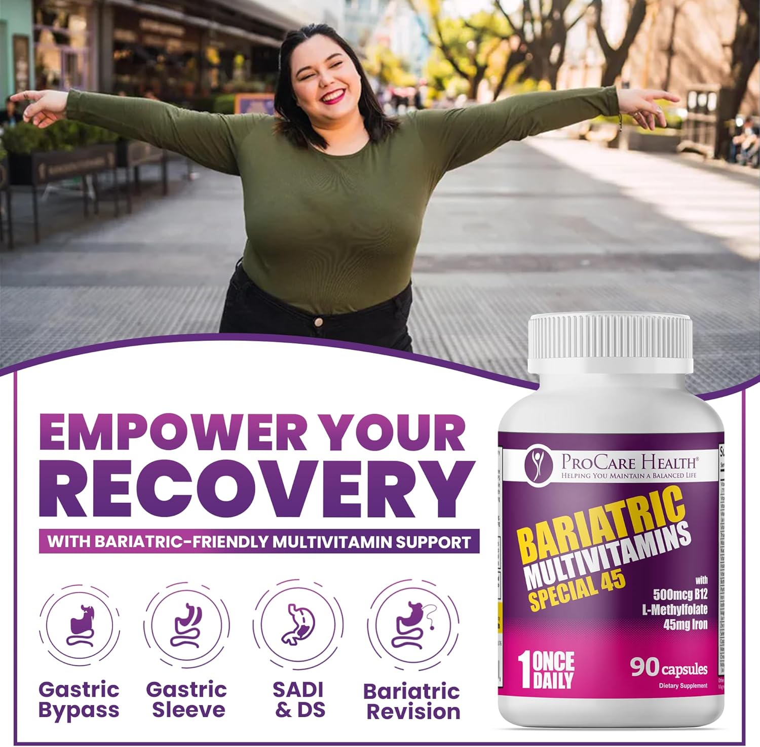 ProCare Health Bariatric Multivitamin with Iron 45mg (90 Capsules) with Reduced B12 - Post-Op Bariatric Vitamins for Gastric Bypass, Sleeve, Duodenal Switch, Sustain Recovery & Energy (3 Month Supply)