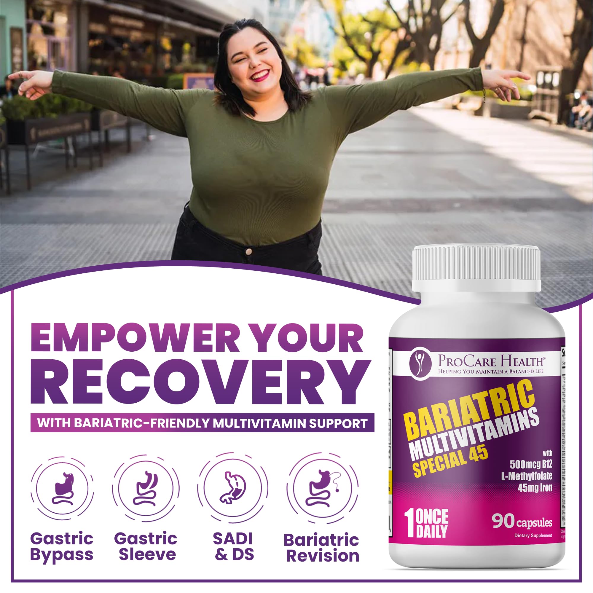 ProCare Health Bariatric Multivitamin with Iron 45mg (90 Capsules) with Reduced B12 - Post-Op Bariatric Vitamins for Gastric Bypass, Sleeve, Duodenal Switch, Sustain Recovery & Energy (3 Month Supply)