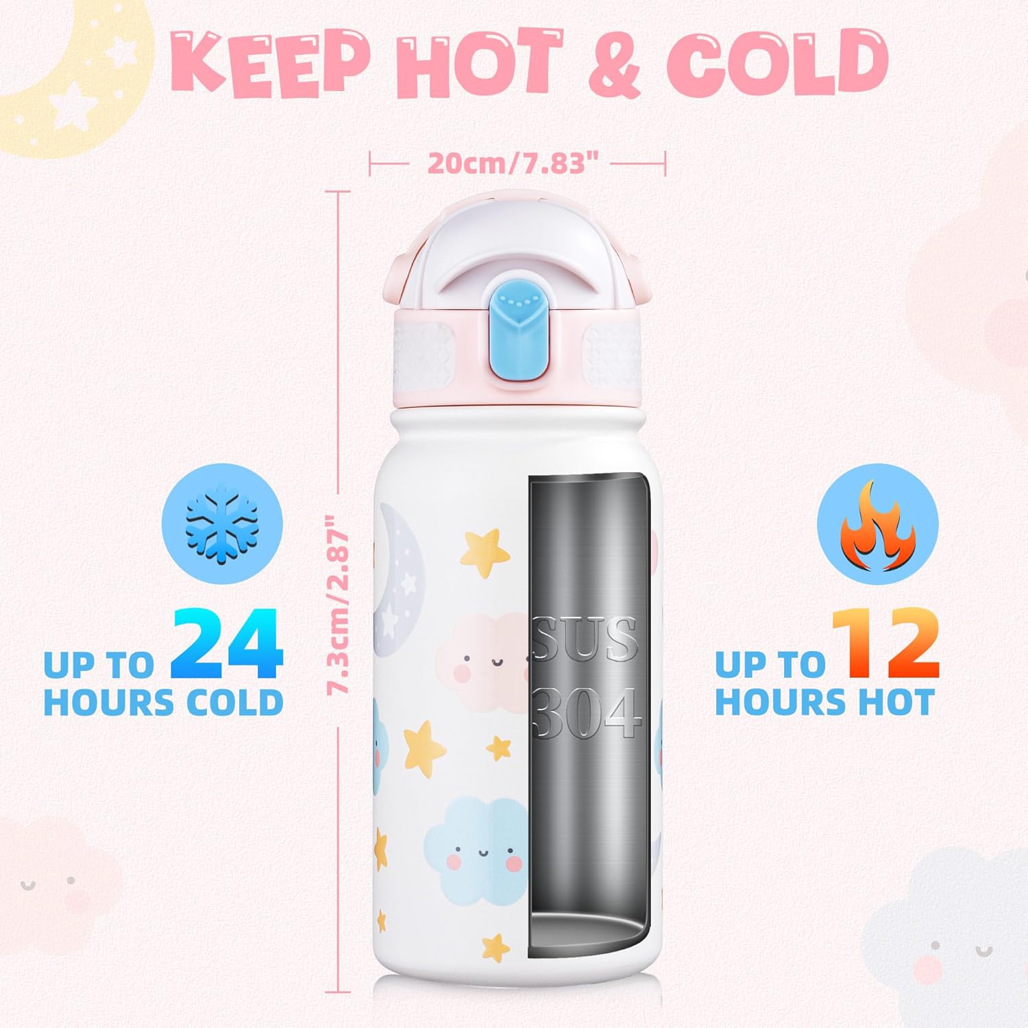 OLDLEY Kids Water Bottle 12oz Insulated Water bottle, Double Wall Stainless Steel Vacuum Bottle, Leak-Proof Sport Bottles for School Boys Girls,White Cloud - Image 3