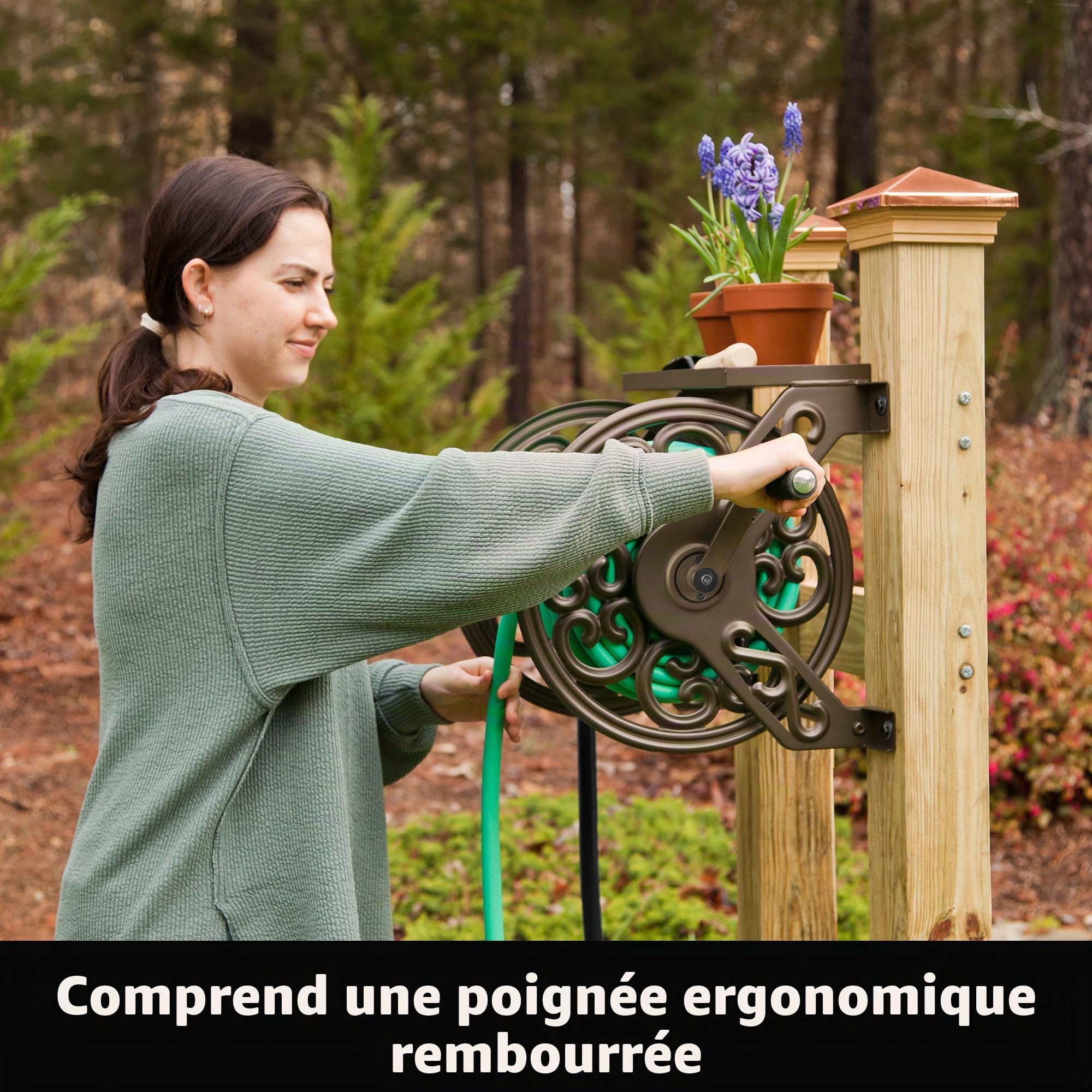 Liberty Garden 708 Enrouleur de tuyau d'arrosage mural décoratif en acier pouvant contenir 38 m de tuyau de 1,6 cm Bronze