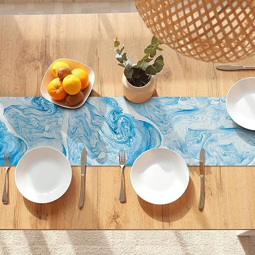 Miniatura 2 de Camino de mesa de mármol de 72 pulgadas de largo, textura de mármol océano, bufandas de tocador, arpillera rústica, decoración de mesa de comedor