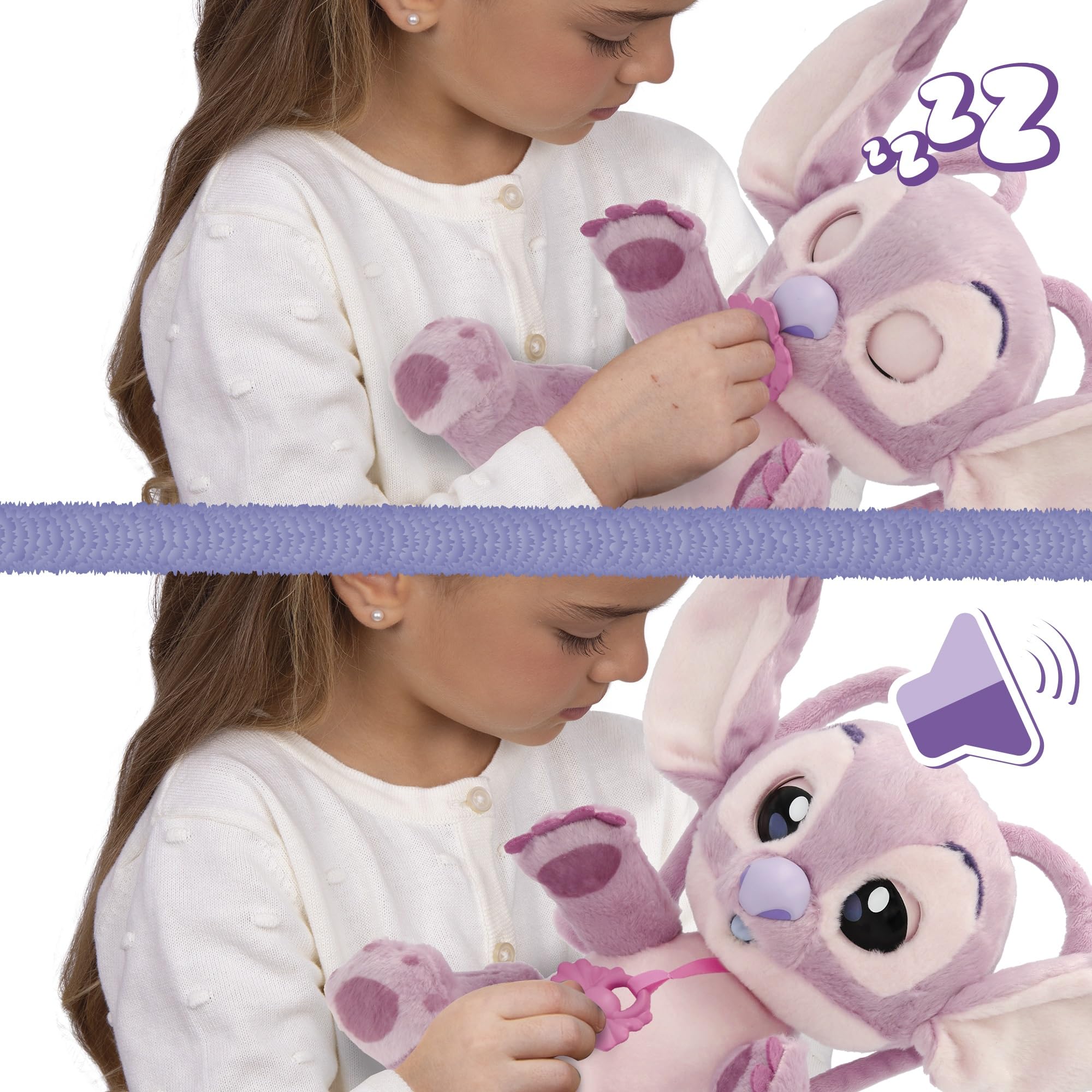 Baby Paws Disney Angel Peluche Interactive Peluche avec Sons Qui Ouvre et Ferme Les Yeux, avec Un Sac pour l’Emporter avec Toi Enfants de 3 Ans et Plus, Rose