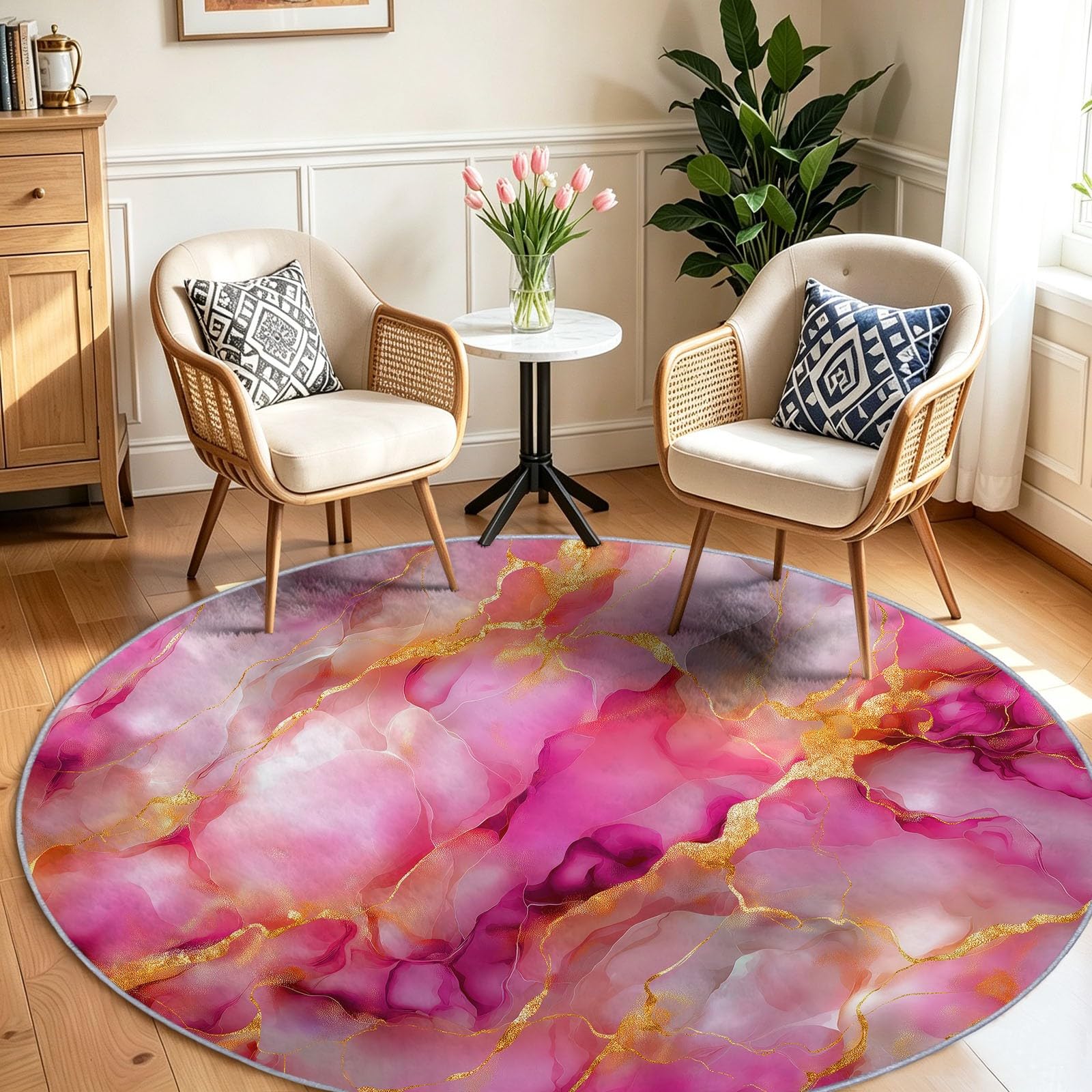 Tappeto rotondo con texture in marmo dorato, 90 cm, morbido, lavabile in lavatrice, per interni, antiscivolo, a pelo basso, per soggiorno, cucina, camera da letto, sala da pranzo, decorazione viola