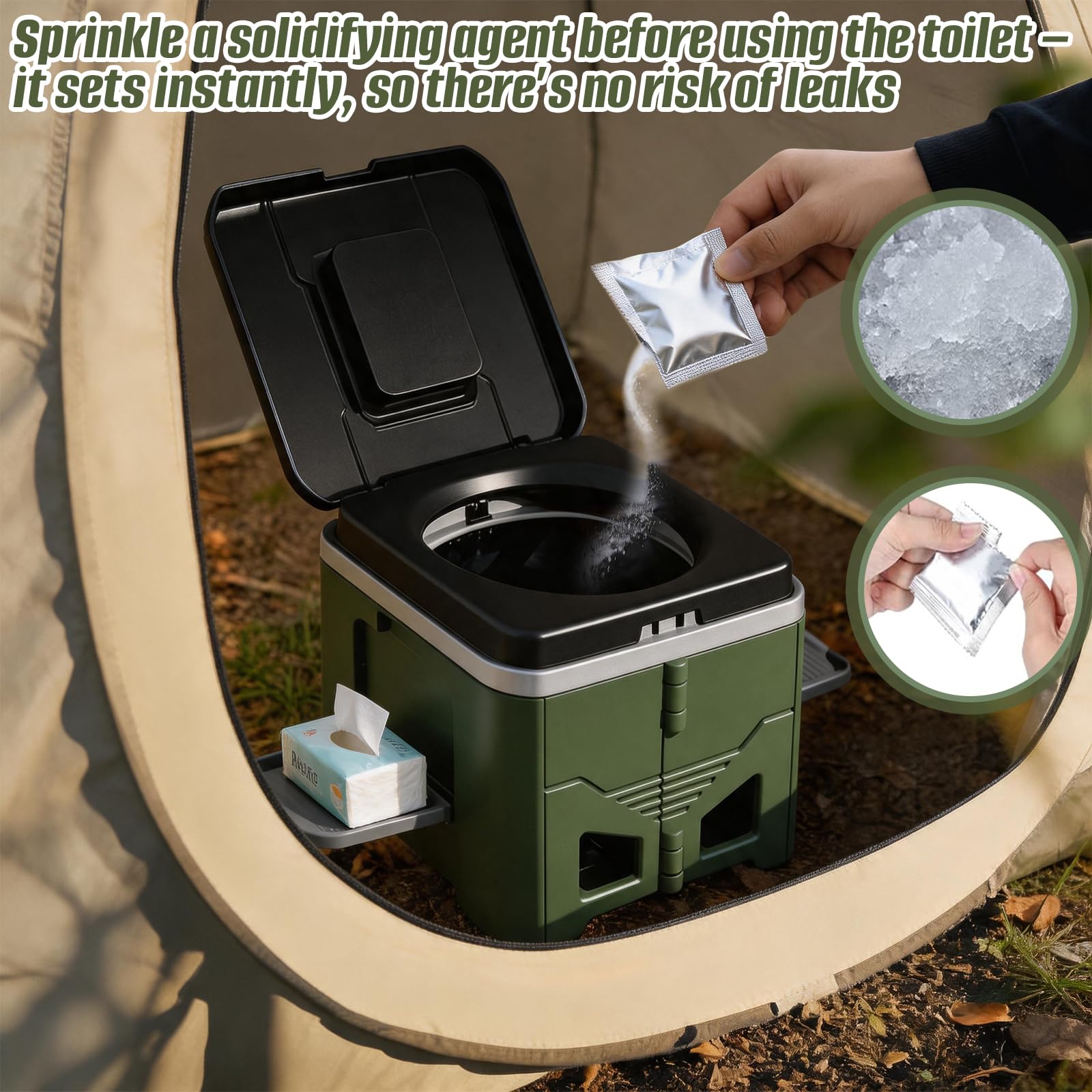 Set WC pieghevole portatile da campeggio, con porta rotolo di carta e supporto per telefono, 24 sacchetti della spazzatura, borsa organizer per campeggio, camper ed escursionismo.