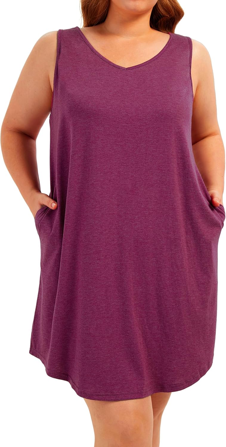 Plus Size V Neck Tank Nightgowns Women Sleepwear Sleeveless Night Gown Dresses Sleep Shirts with Pockets - Image 2