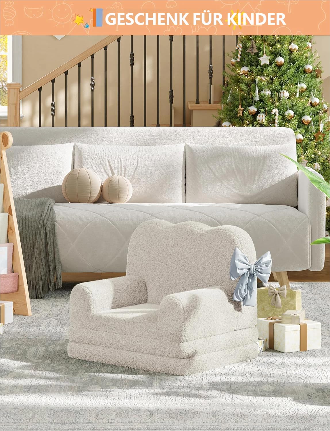 Garvee Kindersofa Ausklappbar 2-in-1 Kindersessel, Soft Sherpa Spielsofa für Kleinkinder, Weißes Wellendesign, Bequemes Sofa zum Schlafen und Spielen, Kinderzimmer Möbel, rutschfest