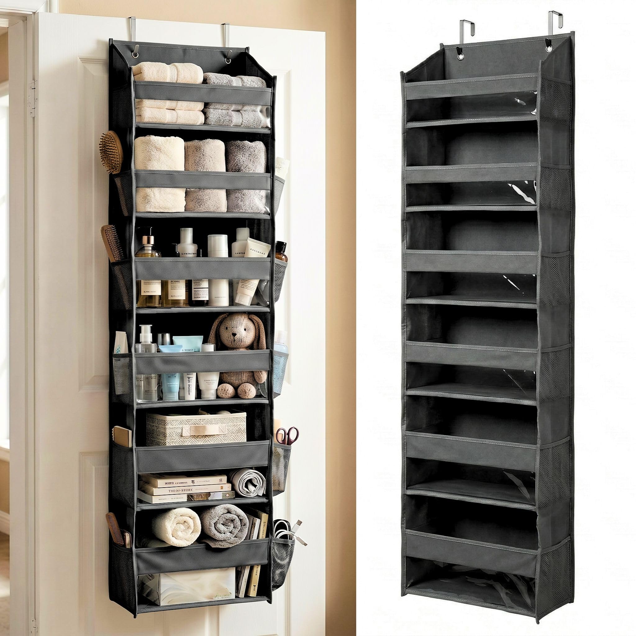 HOMELUX THEORY 1 x robuster Tür-Organizer, 140 x 35 x 17 cm, 6 große Front- und 12 Seitentaschen, Hängeaufbewahrung, Schranktür-Organizer für Schlafzimmer, Badezimmer und Babyzimmer (dunkelgrau)