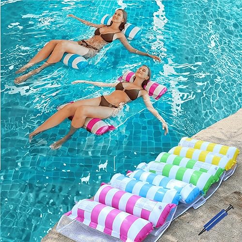 Vista 6 de Paquete de 2 flotadores inflables de agua para adultos – Tumbona flotante de piscina con asiento de malla – Hamaca flotante para adultos piscina