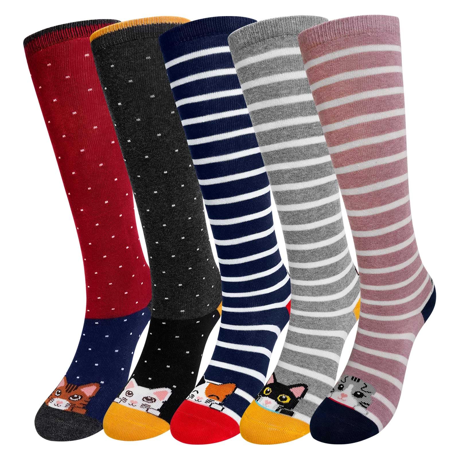Chaussette Haute Fille Enfant: Chaussettes Longues au Genou Sans Couture En Coton - Rayées Animaux Colorées Respirantes Pour Filles 2-12 Ans Cadeau Anniversaire Noël 5 Paires Taille 23-38