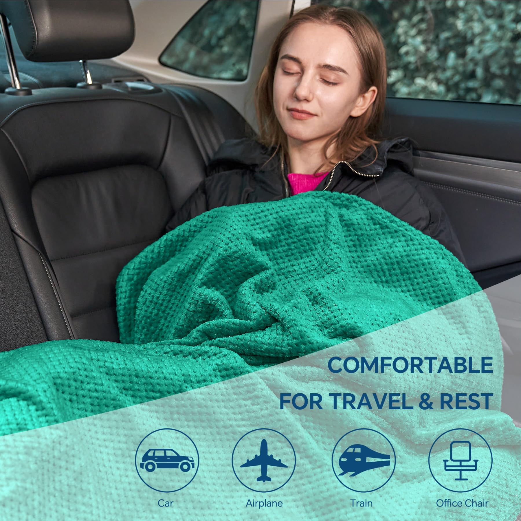 BEDELITE Travel Blanket with Bag, Jacquard Fleece Blanket 65"x40", Teal view 7
