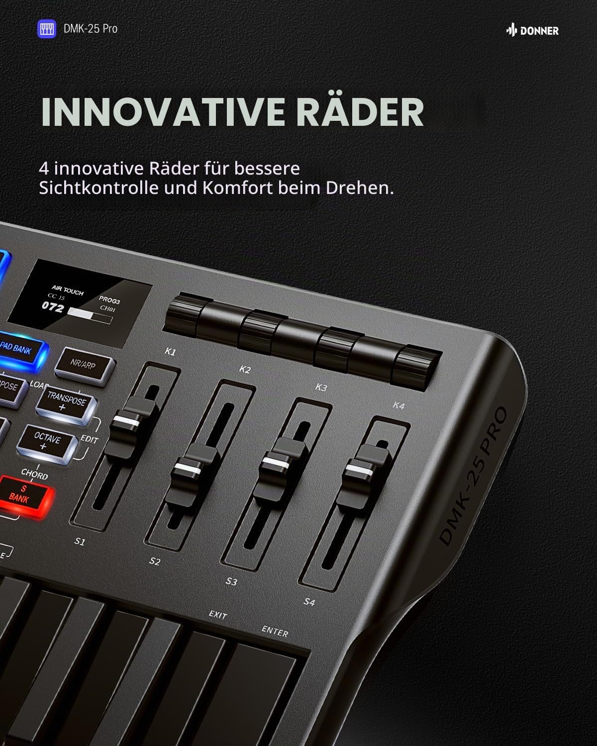 Donner DMK-25 Pro MIDI Keyboard Controller, tragbares USB-C-MIDI-Keyboard mit 25 Mini-Tasten, 8 Drum-Pads, OLED-Display, personalisierter Touch Bar, Musikproduktionssoftware und 40 Lernkursen