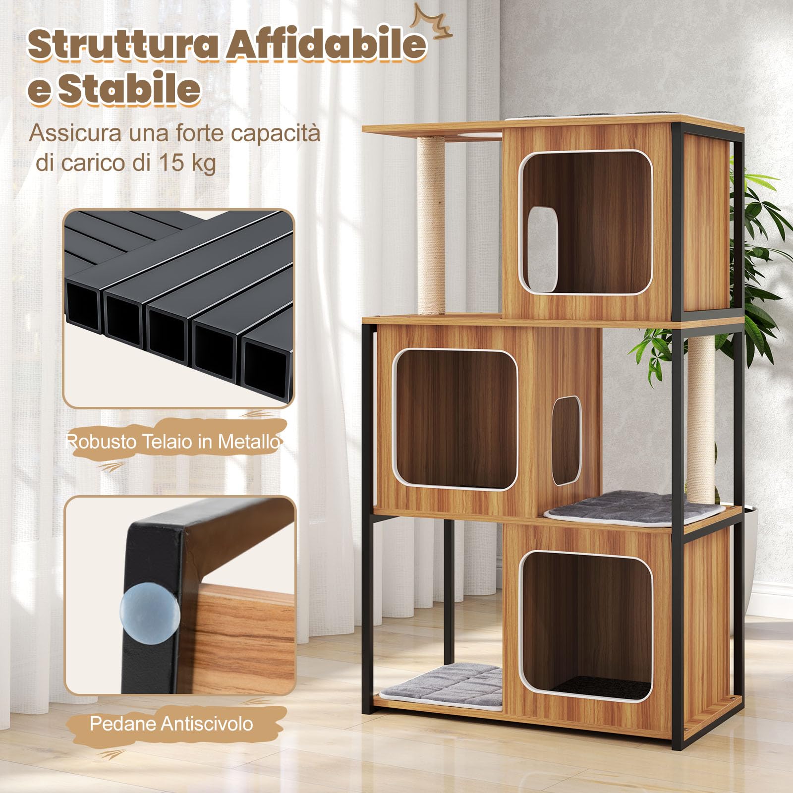 GYMAX Albero per Gatti in Legno con Struttura in Metallo, Condominio e Piattaforma, Pali Tiragraffi in Sisal, Cuscini Lavabili, Torre a Più Livelli, Mobile per Arrampicamento (75 x 45 x 133 cm)