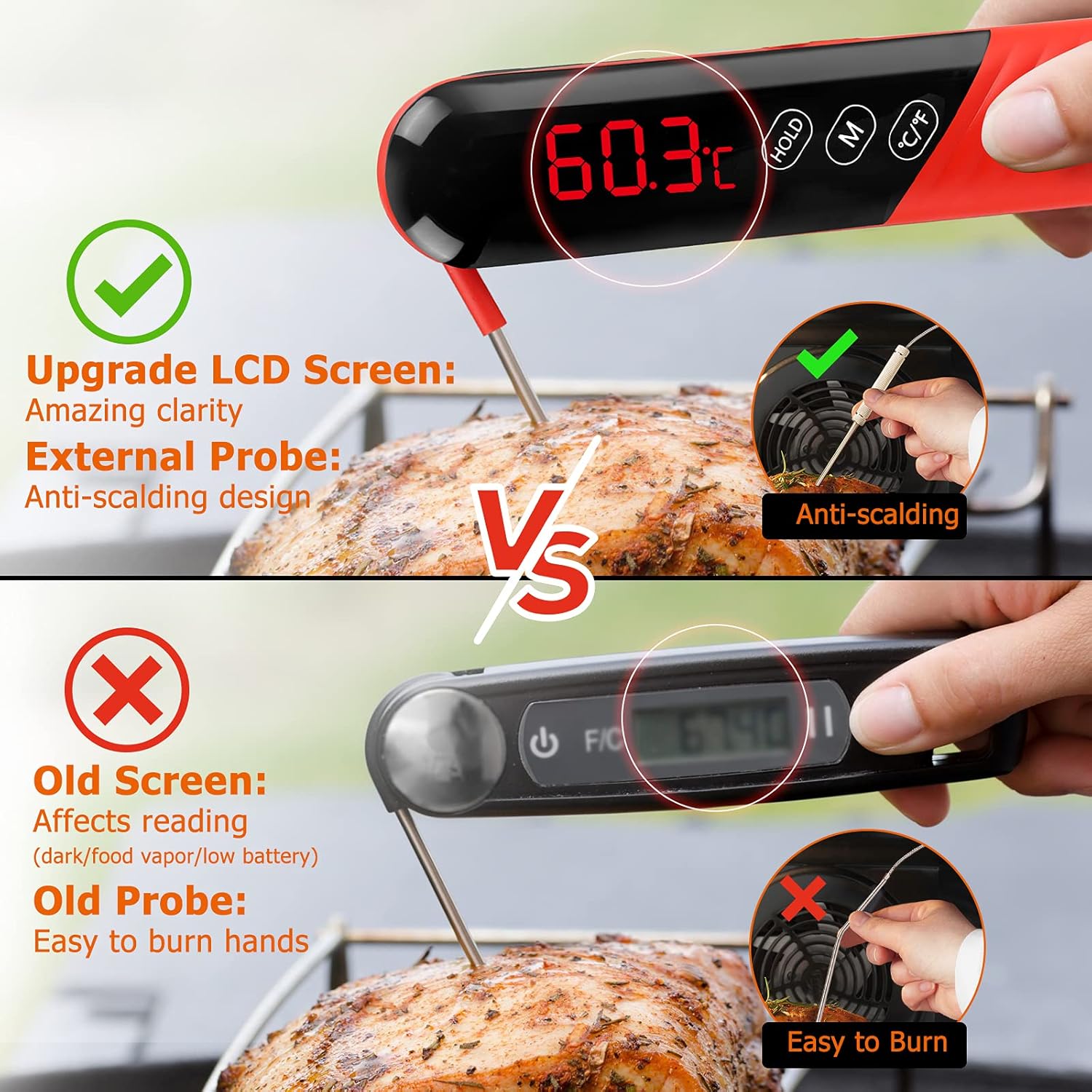 review Digital Meat Thermometer, Ecqizer Food Thermometer LCD Touchscreen Dual Probe Instant Read Waterproof Thermometer for Cooking with Calibration Alarm Magnet