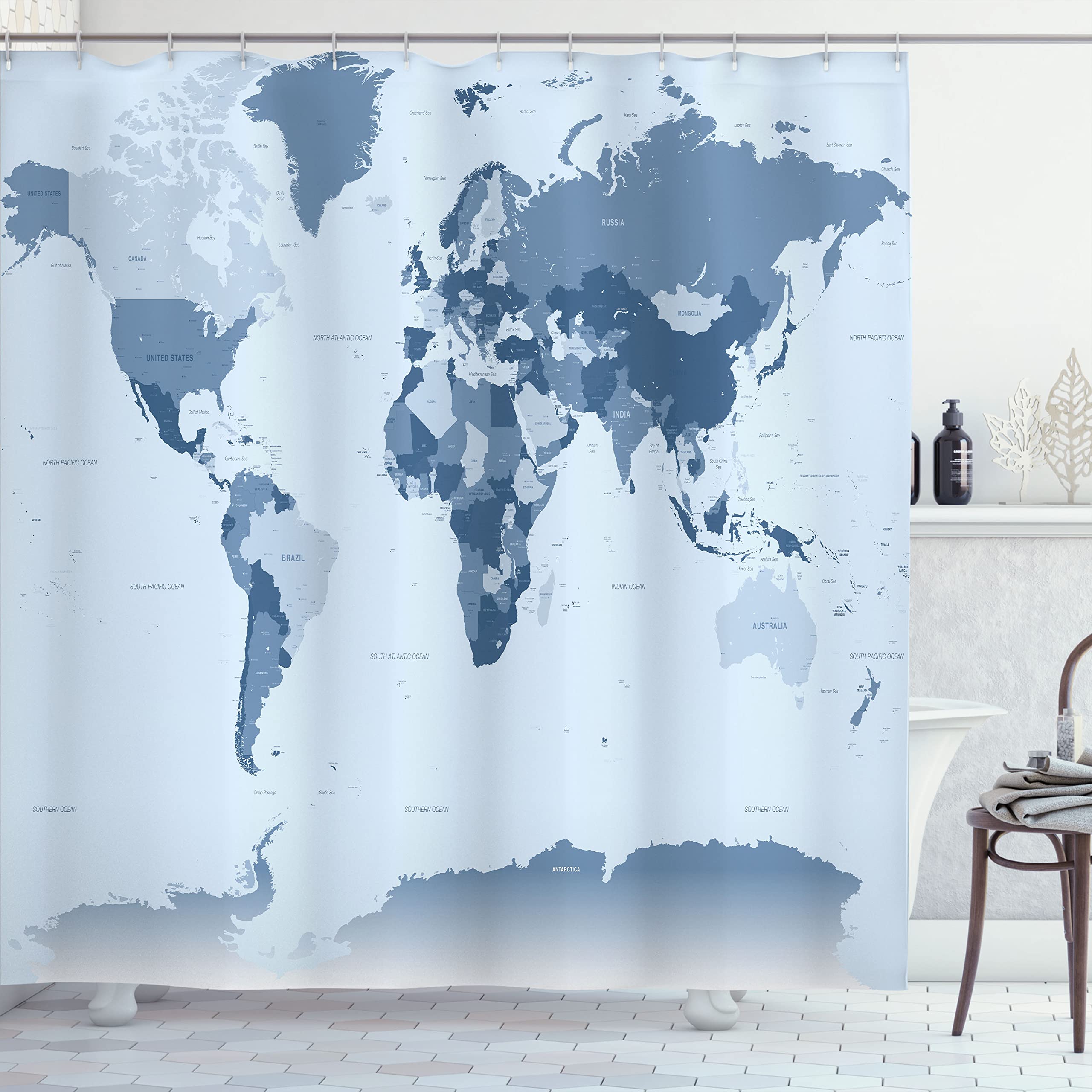 Ambesonne Earth Shower Curtain, Detailed World Map with All Countries Major Capital Cities Universe Continents, Cloth Fabric Bathroom Decor Set with Hooks, 69" W x 75" L, Ice Blue