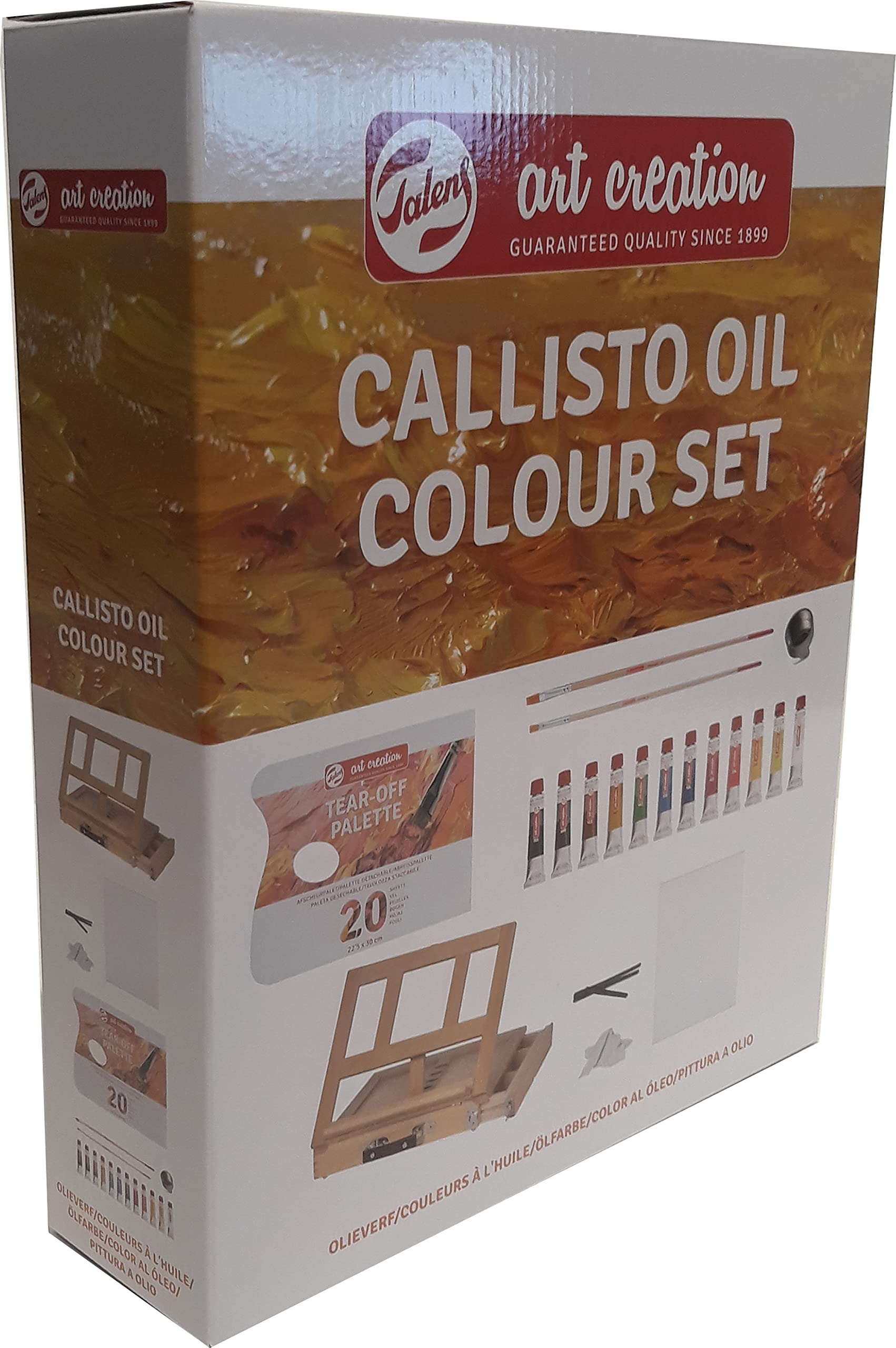 Talens Art Creation Öl-Set 12 Tuben 12 ml, Staffelei, Einweg-Palette, Pinsel, Brunnen, Holzkohle, Stofftuch, Schindel