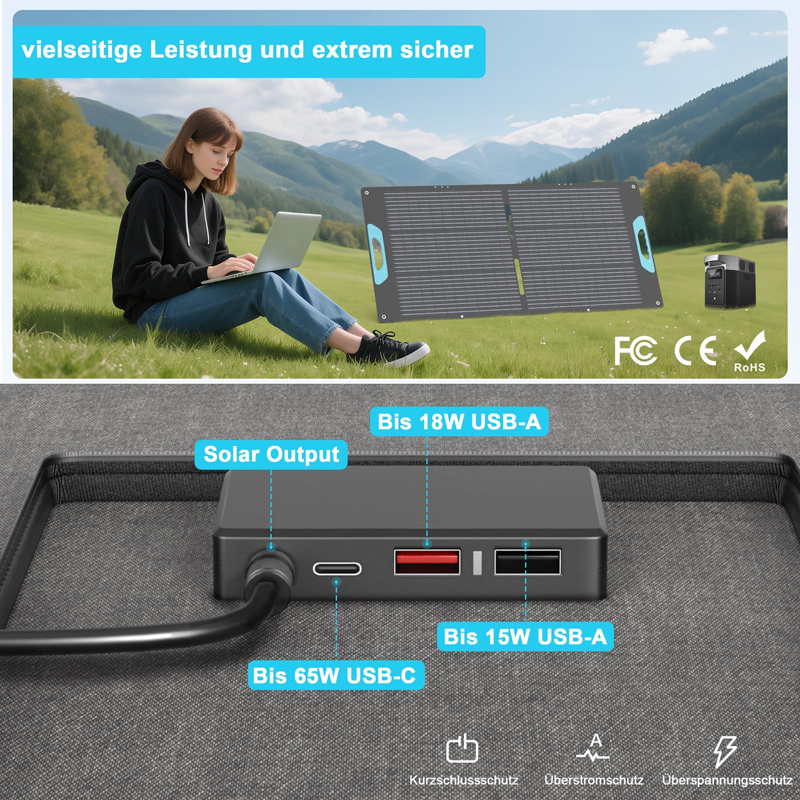 Faltbares Solarpanel 110W USB-C PD 65W USB-A QC 3.0 IP67 ETFE Ladegerät Camping Wohnmobil
