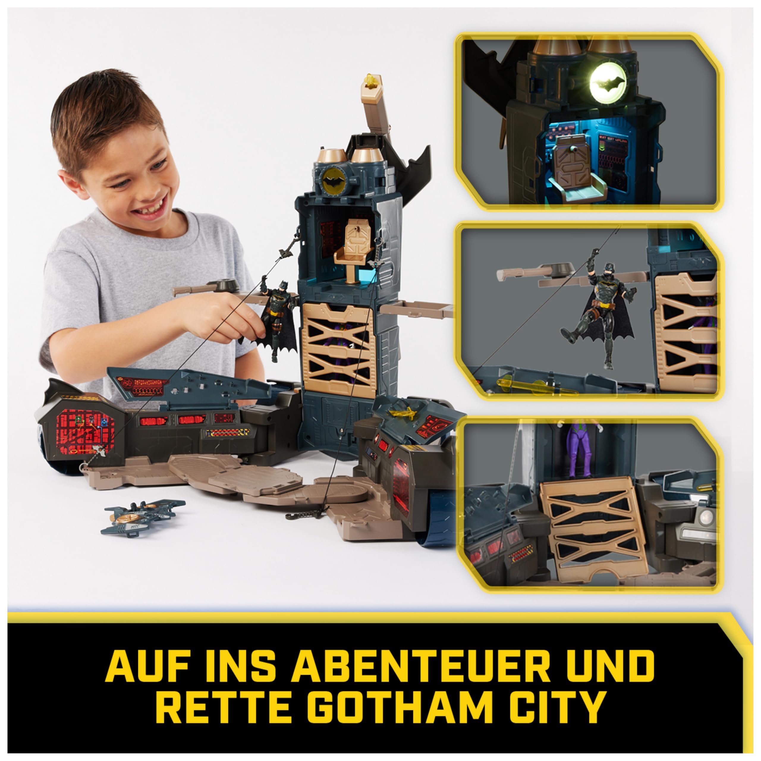 DC Comics - Ultimate Transforming Batmobile mit Batmanfigur (10cm), 1 Pfeil-Katapult, Lichteffekten, Soundeffekten, per Knopfdruck zur Batcave transformierbar. Ab 4 Jahren