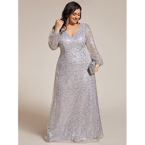 Snapklik.com : Womens Elegant A-Line V Neck Sheer Long Sleeves Plus Size  Sequin Formal Dress Evening Gown Silver US20
