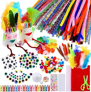 Caydo Art and Craft Kit Supplies Include Pipe Cleaners, Pom Poms, Feather and Felt, Foam Balls for Kids and Toddlers Age 4 5 6 7 8 9