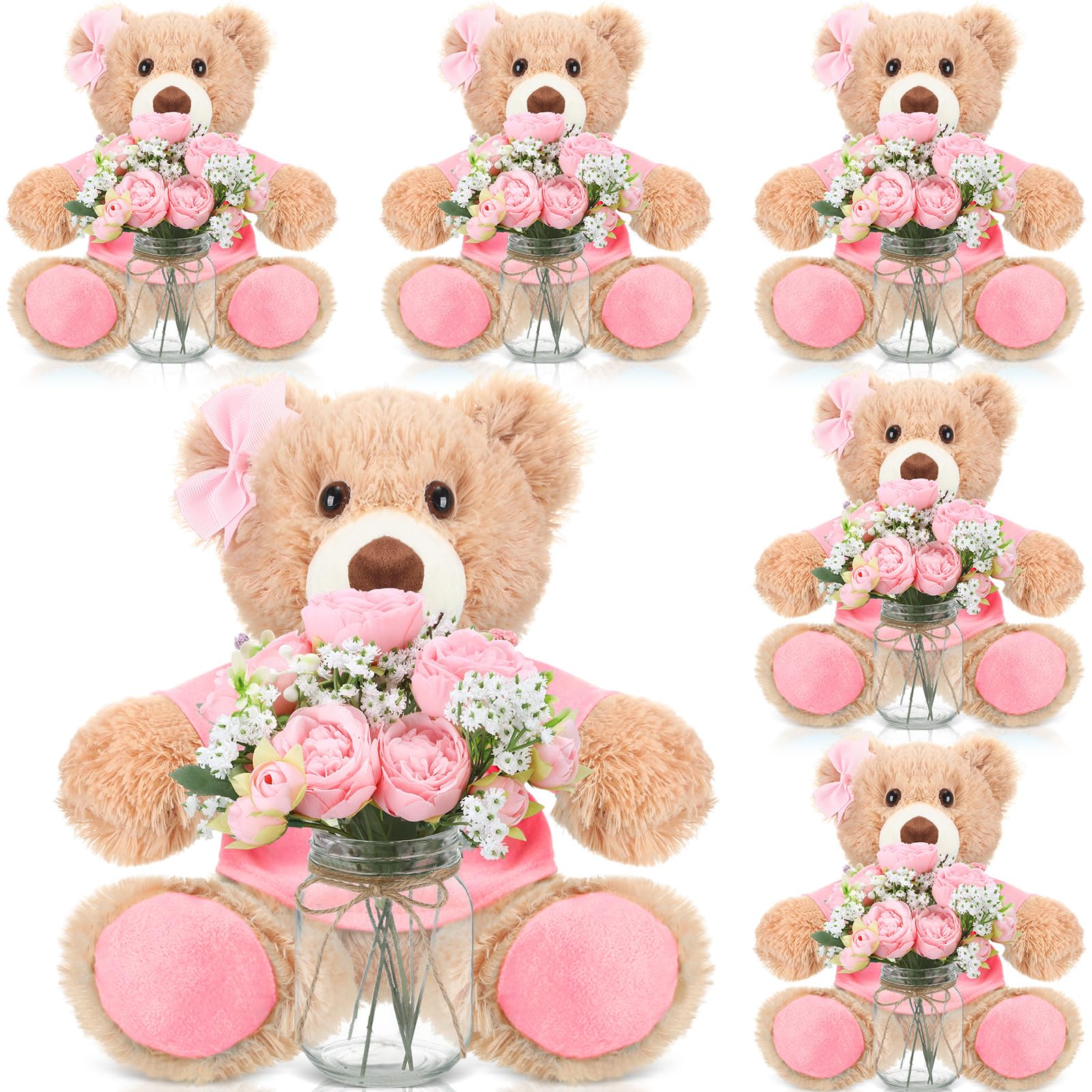 Photo 1 of Ferrochef Pink 6 Set Baby Shower Bear Centerpieces for Tables Mason-Style Glass Jars with Artificial Peonies and Baby's Breath Rustic Table Decor for Gender Reveal Party Wedding