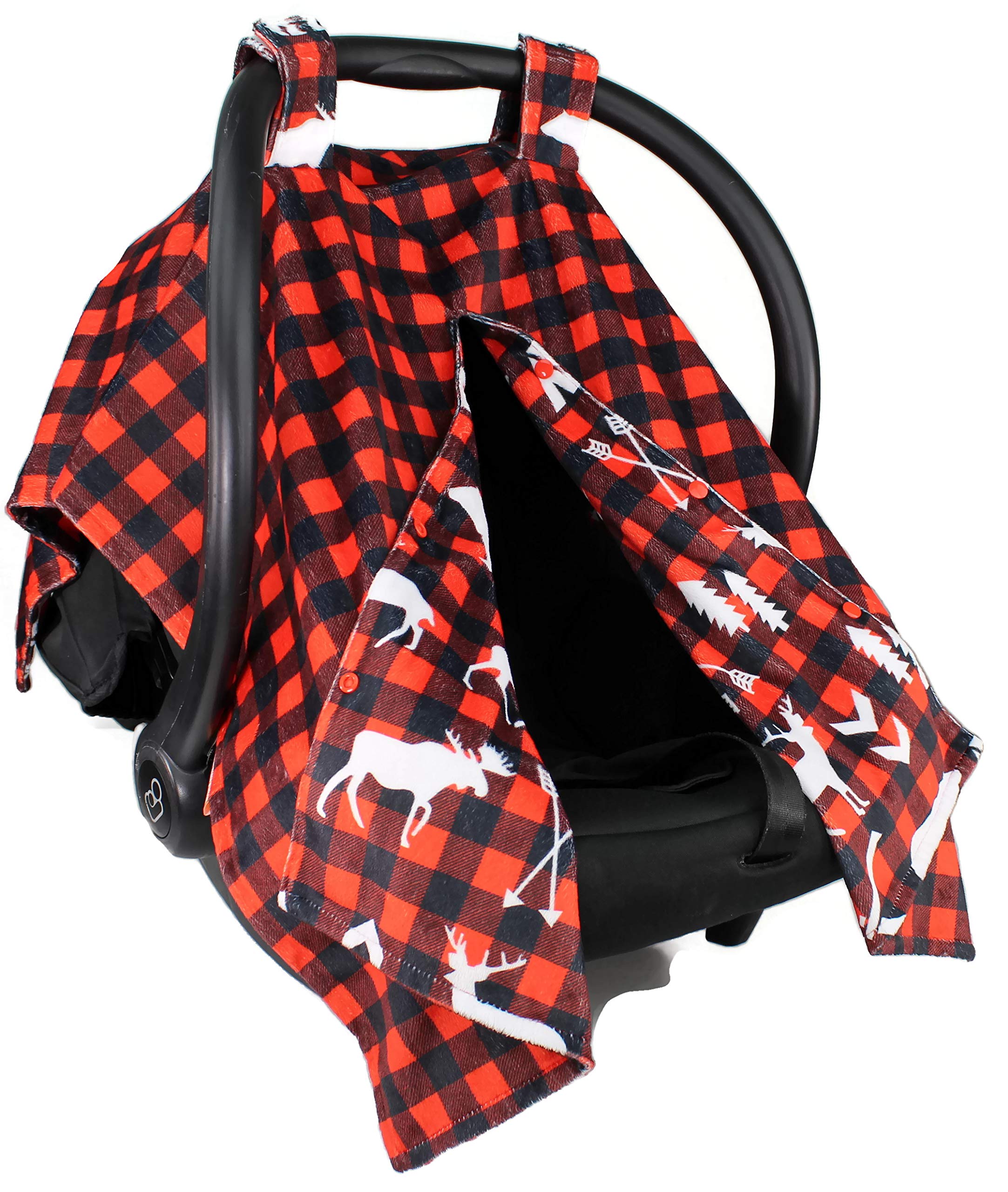 Dear Baby Gear Deluxe Reversible Car Seat Canopy, Custom Minky Print, Lumberjack Plaid and Northwoods