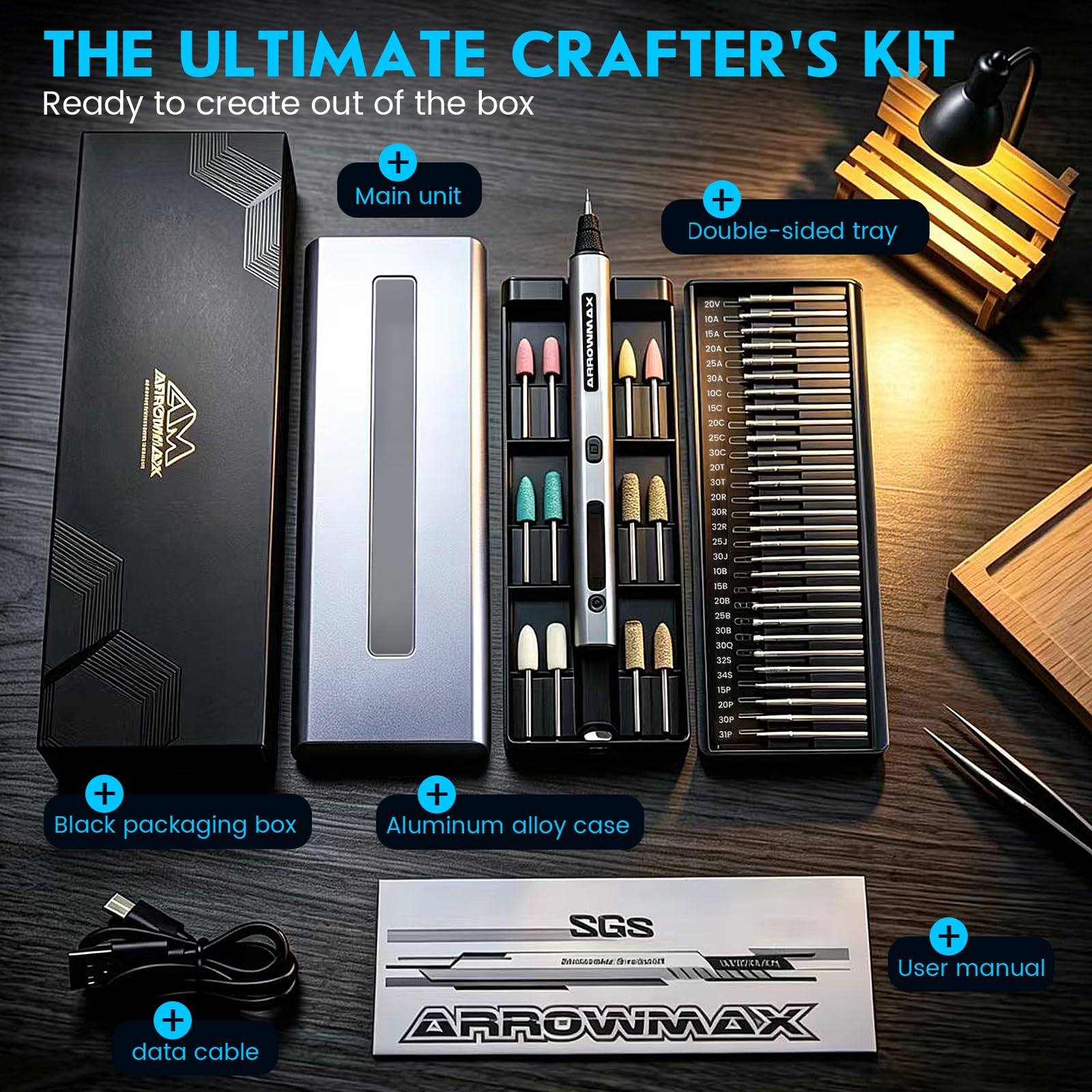 ARROWMAX Mini herramientas multifunción con OLED, 30000 rpm, lápiz de grabado con 30 puntas para metal, madera, vidrio y plástico, juego de grabado para adolescentes, adultos y principiantes