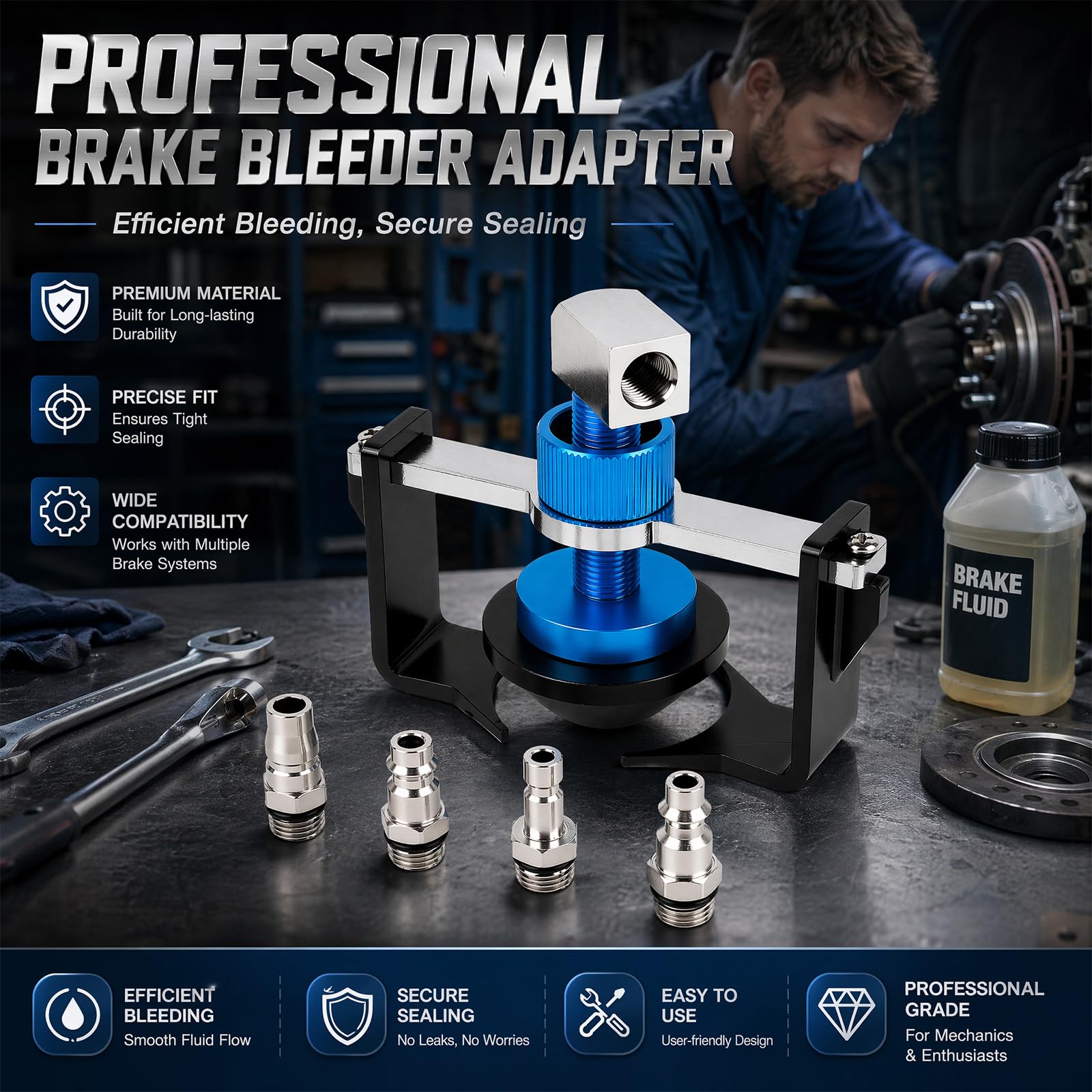 Uniwersalny pojemnik na płyn hamulcowy obracany o 360°, adapter 22-58 mm, 4 szybkozłączki EU/US/metryczne/japońskie do Buick, Cadillac, Chevrolet, Mazda, Honda, Toyota itp., pierścień uszczelniający