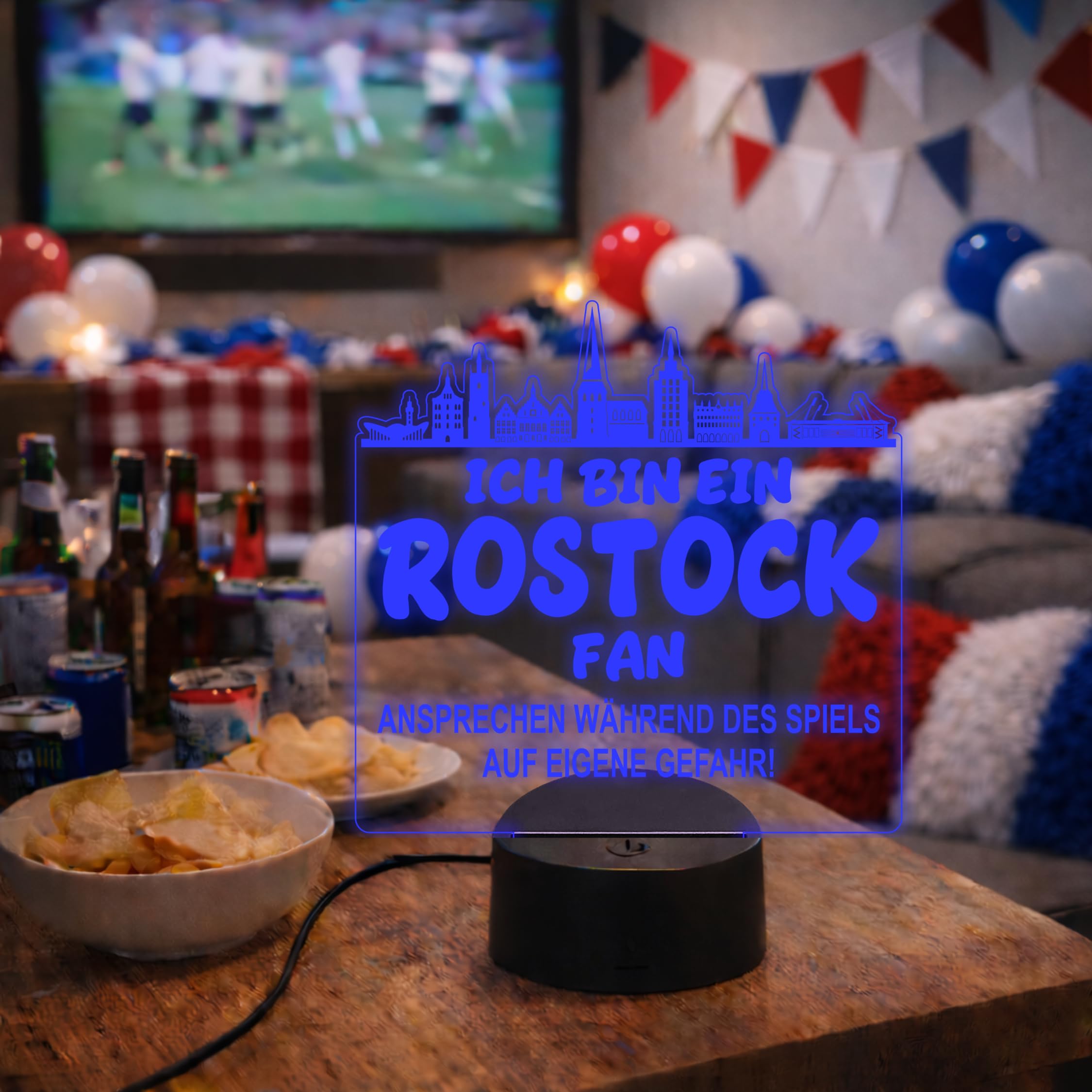 Lieblingsmensch Rostock Fan Fußball LED Nachtlicht – 3D Skyline Design „Ansprechen auf eigene Gefahr“ – RGB Farbwechsel mit Fernbedienung & Touch – Stimmungslicht für die Man Cave – 19x23cm