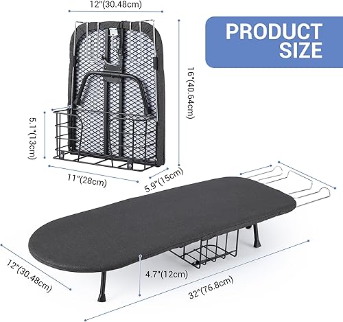 Miniatura 2 de Garvee Tabla de planchar de mesa, pequeña tabla de hierro plegable portátil con soporte de hierro, cesta de almacenamiento, cubierta y almohadilla