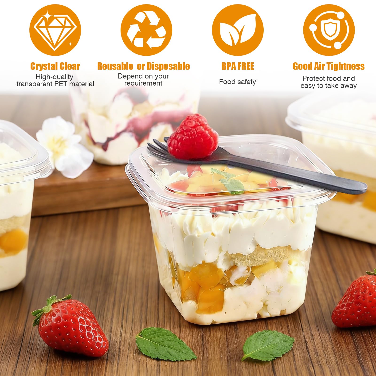 50 bicchieri da dessert in plastica con coperchio, 360 ml, rettangolari, in plastica, con cucchiai, ciotole da dessert, riutilizzabili, per tiramisù, dessert, mousse