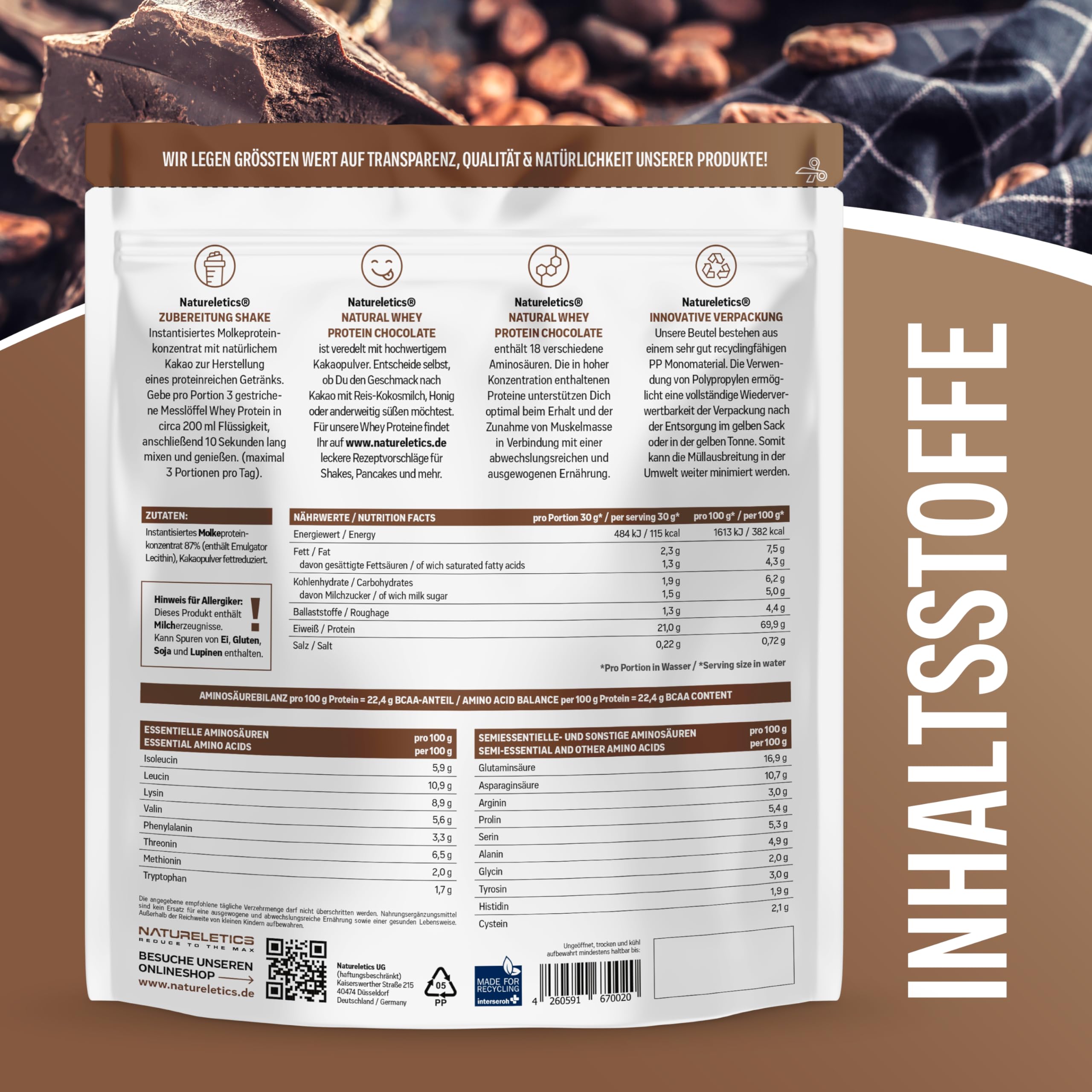 NATURELETICS SCHOKO Whey Protein Ungesüßt ohne Süßstoffe und Zuckerzusatz Natürliches Premium Eiweißpulver, 1kg ohne Aspartam & Sucralose, Low Carb, Hoher BCAA-Anteil, Made in Germany