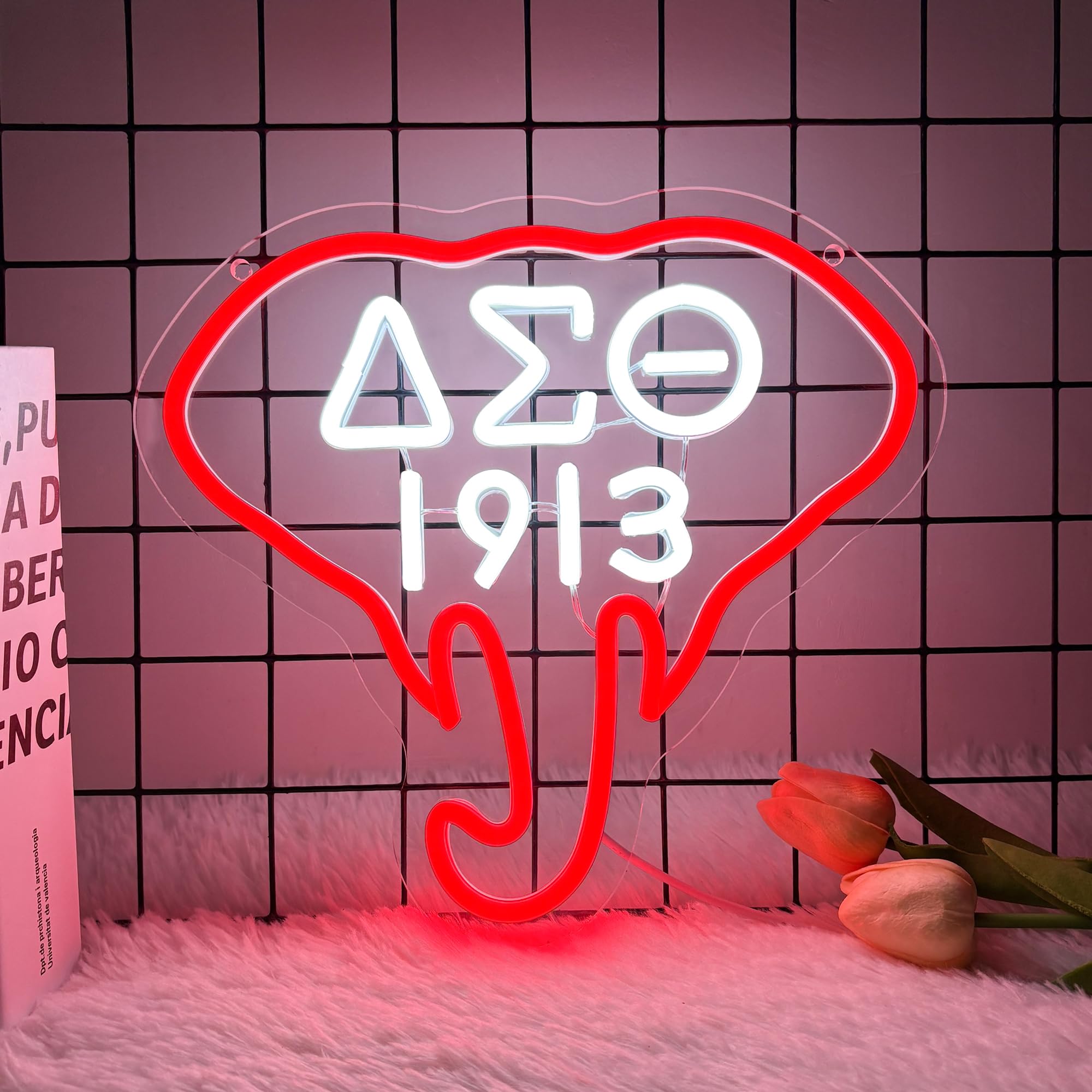 1913 Sorority Insegna al neon, dimmerabile, con elefante rosso, luci al neon per decorazione da parete, insegna greca con lettere greche alimentate tramite USB, regalo per feste e amiche (30 x 28 cm)