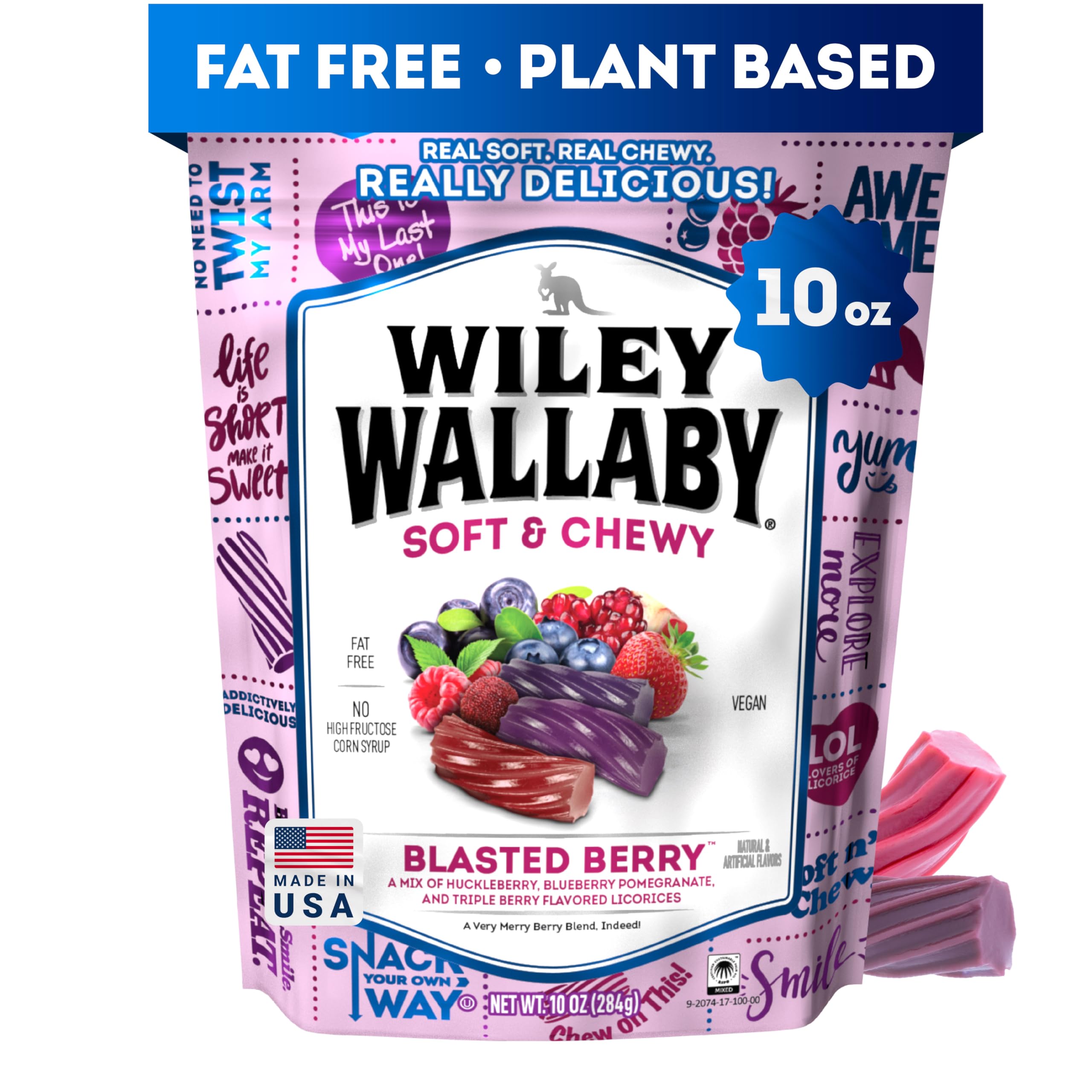 Wiley Wallaby 10 Ounce Blasted Berry Gourmet Australian Style Soft & Chewy Licorice Candy Twists