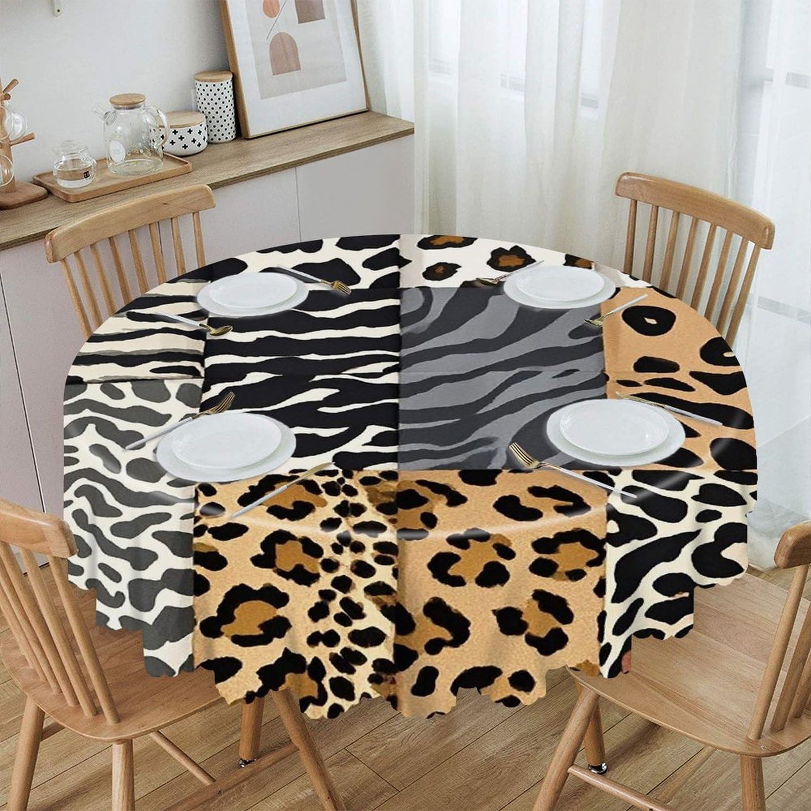 LZQPOEAS Leopard with Brownish Round Tablecloth Rustic Circle Table Cloth Wrinkle Resistant Decor Tablecloth Waterproof Washable Table Cover for Kitchen Party Dining Table 60 Inch