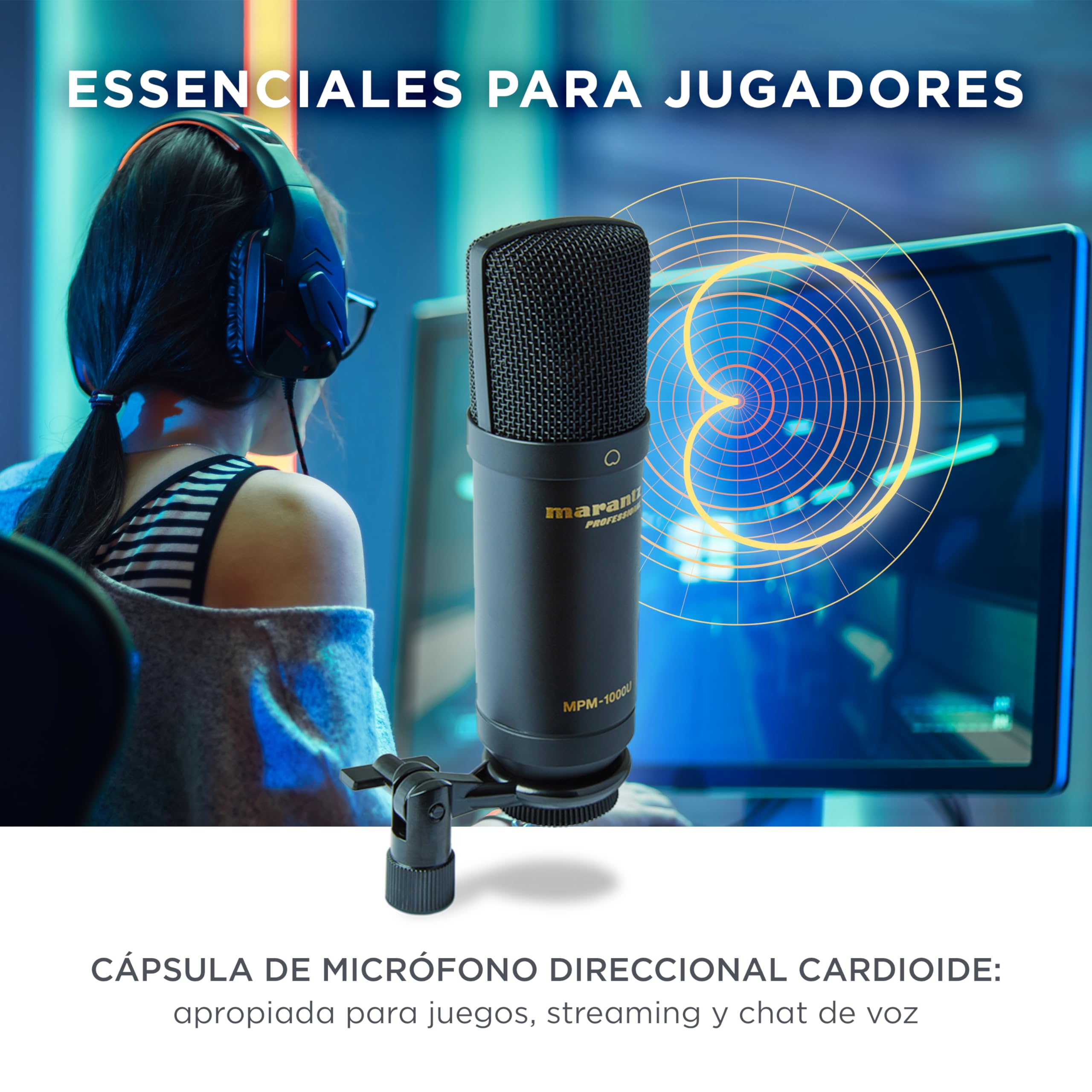 Marantz Professional MPM1000U Micrófono de Condensador USB para Gaming, Streaming y Podcasting - Interfaz de Audio Integrada, Soporte de Escritorio, Plug-and-Play, Negro