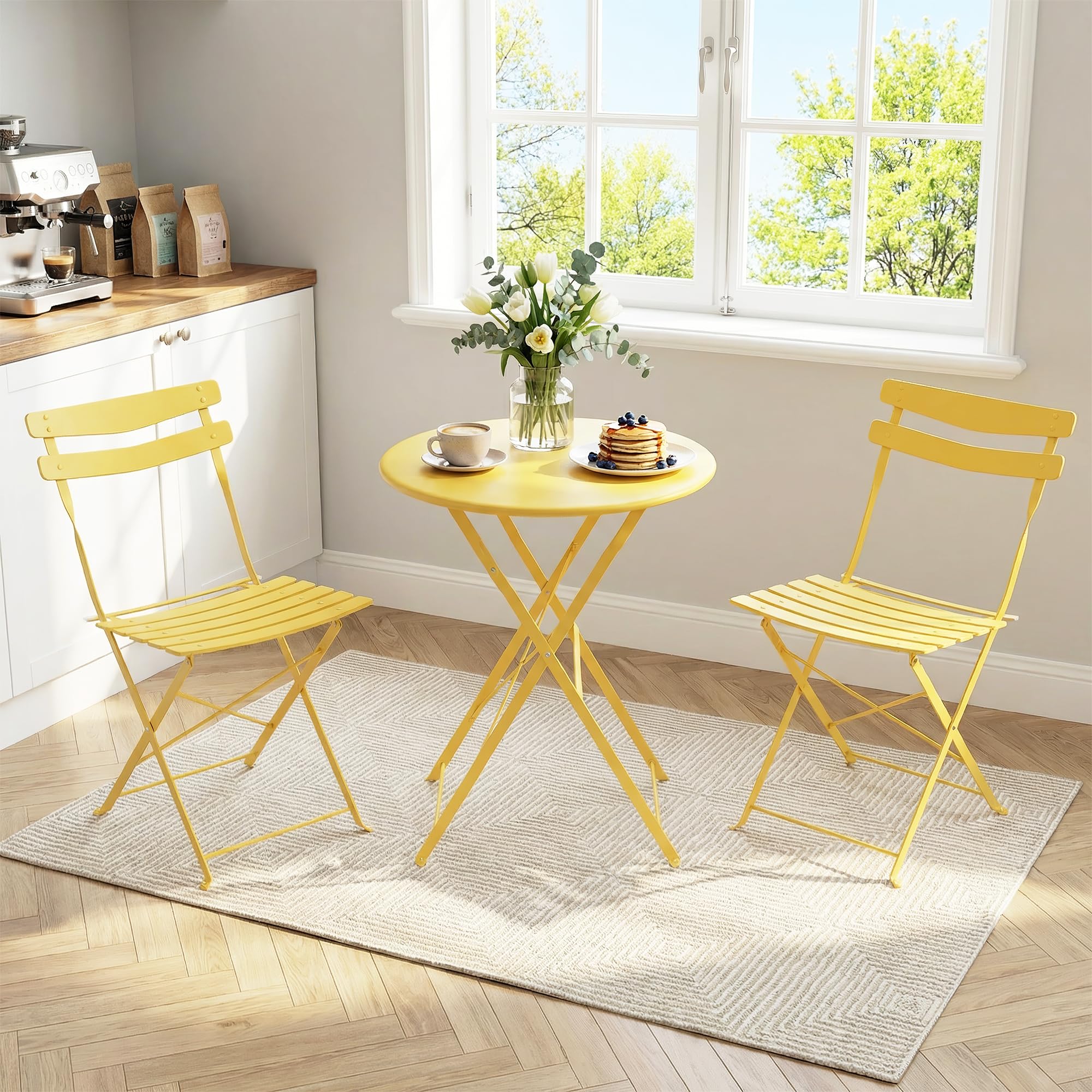 Aptliton 3 Pcs Outdoor Patio Bistro Set, Foldable Metal Table and Two Chairs for Balcony