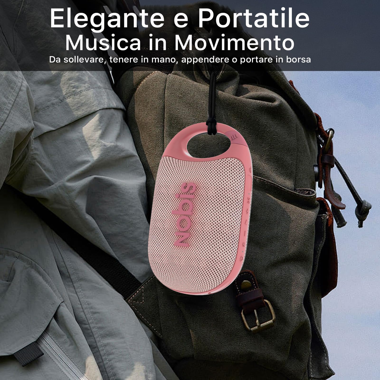 NOBIS Cassa Bluetooth Portatile Clip N1,Cassa Bluetooth Doccia IP68, Fino a 24h di Riproduzione, BT 5.3, Suono HD, Accoppiamento Stereo, EQ Mode e Modalità Beat