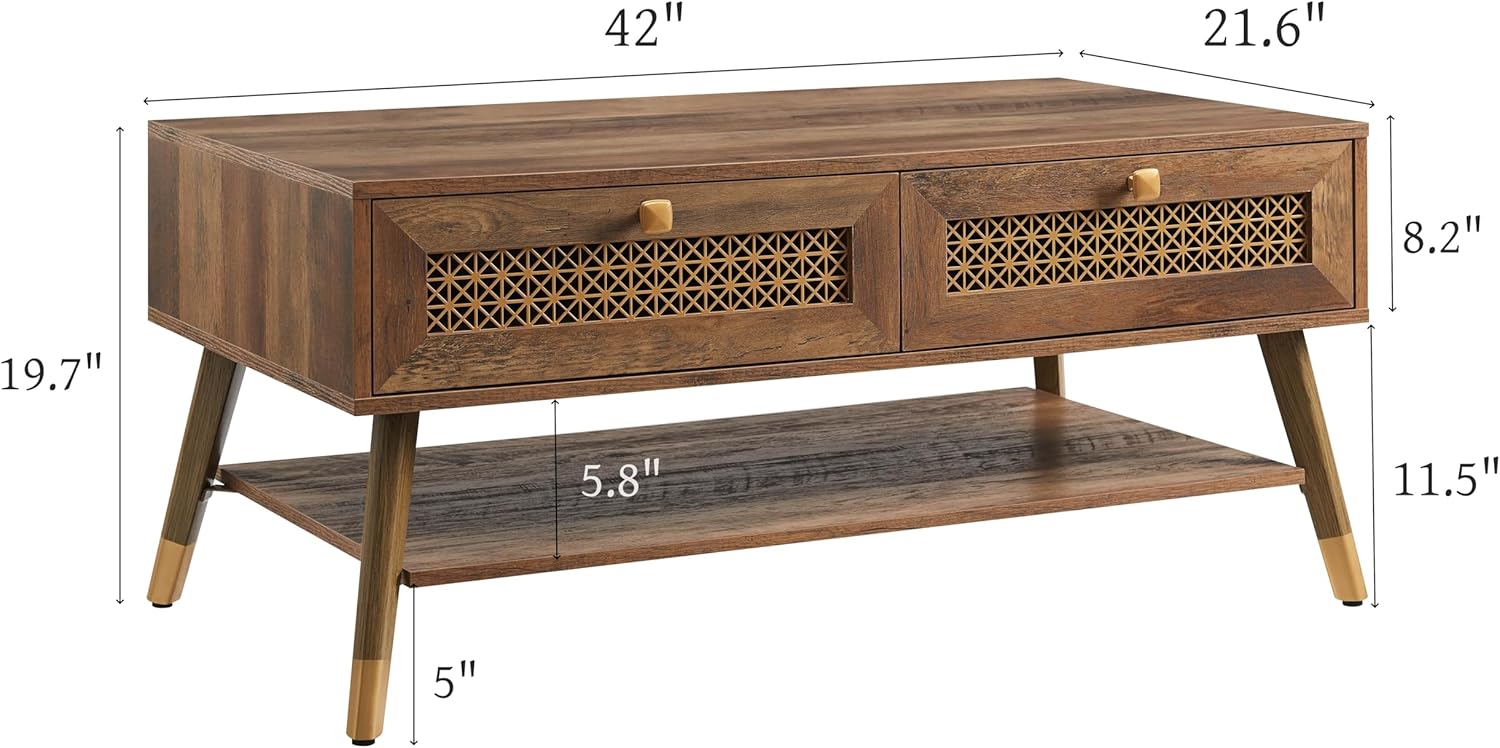 Wooden Mid Century Modern Coffee Table, Retangle Coffee Table with Two Drawers for Living Room, Rustic Oak