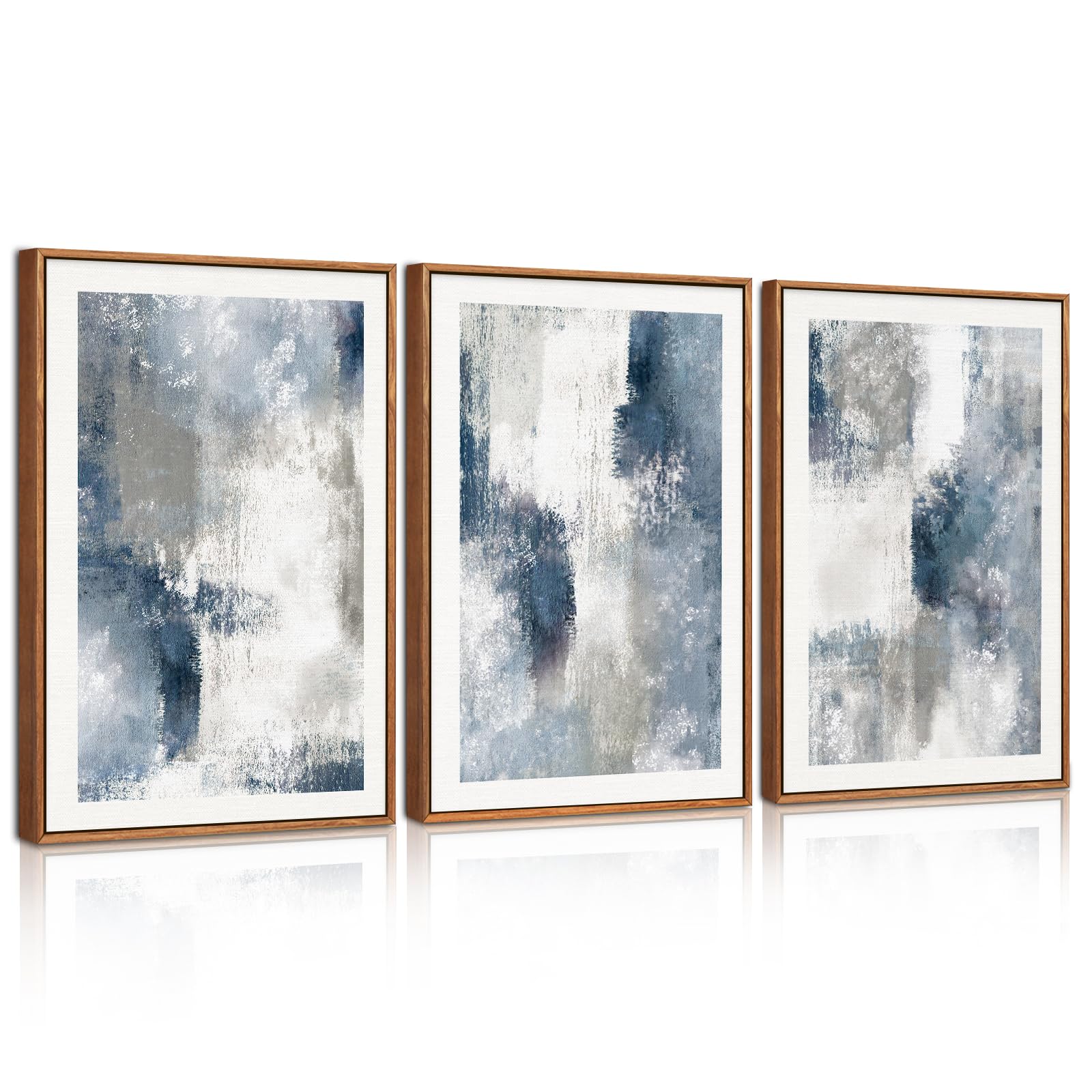 BINCUE 3 Teilig Abstrakt Leinwand Wandkunst,Marineblau Grau Bilder mit Rahmen,Neutrale Weiße Pinselstriche Wanddeko,Minimalistische Farbblockform Moderne Poster für Wohnzimmer Schlafzimmer Büro30x40cm