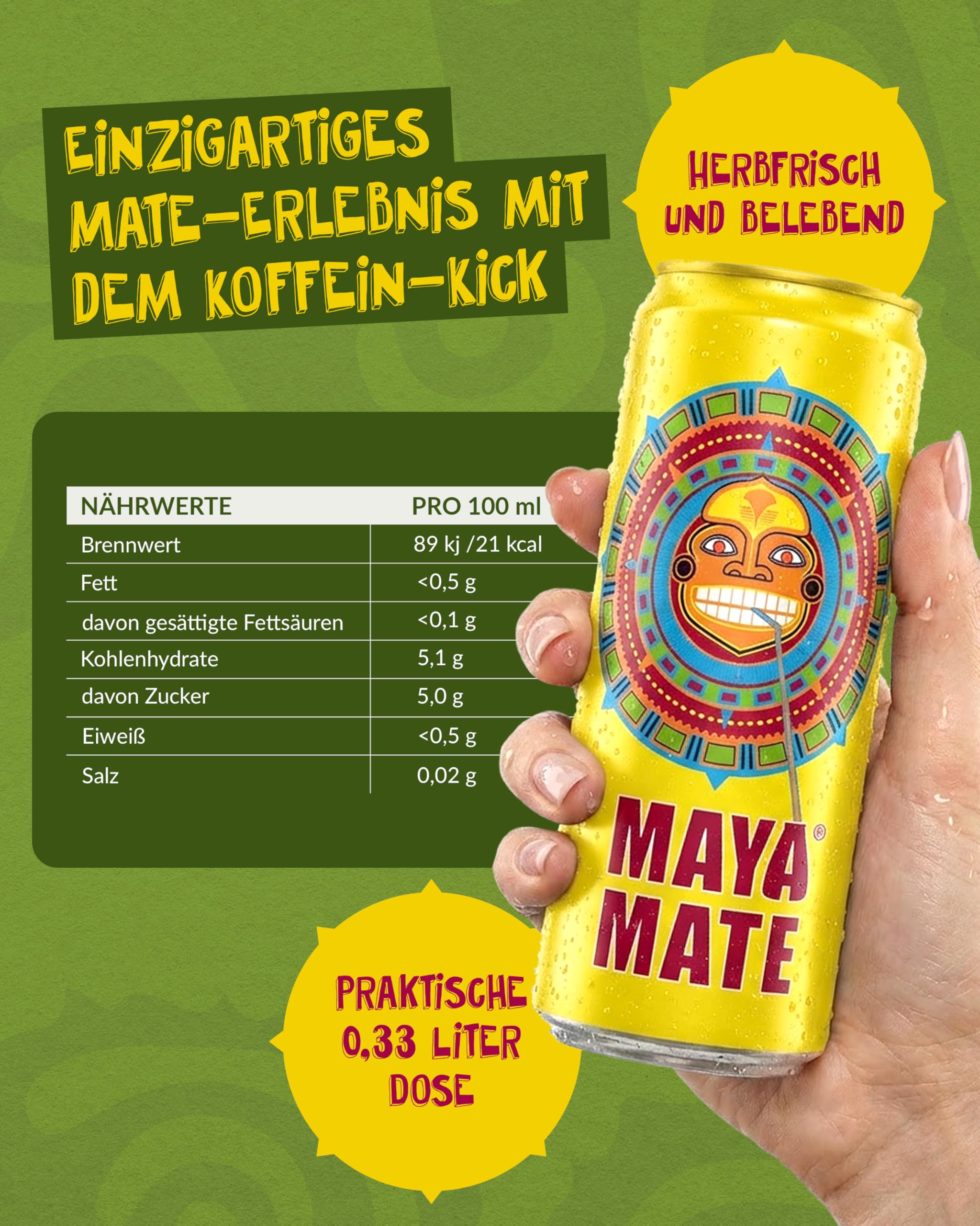 Maya Mate – Mate-Drink natürlicher Energy Drink 24 x 330 ml Dosen – Softdrink mit herb-frischem Mate-Geschmack mit 21,5 mg Koffein pro 100 ml – Belebendes Erfrischungsgetränk im stylischen Design