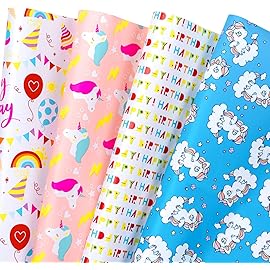 WRAPAHOLIC Birthday Wrapping Paper Sheet - 12 Sheets Unicorn Rainbow Pony Pink Blue Design Folded Flat for Birthday, Party, Baby Showers - 19.7 Inch X 30 Inch Per Sheet