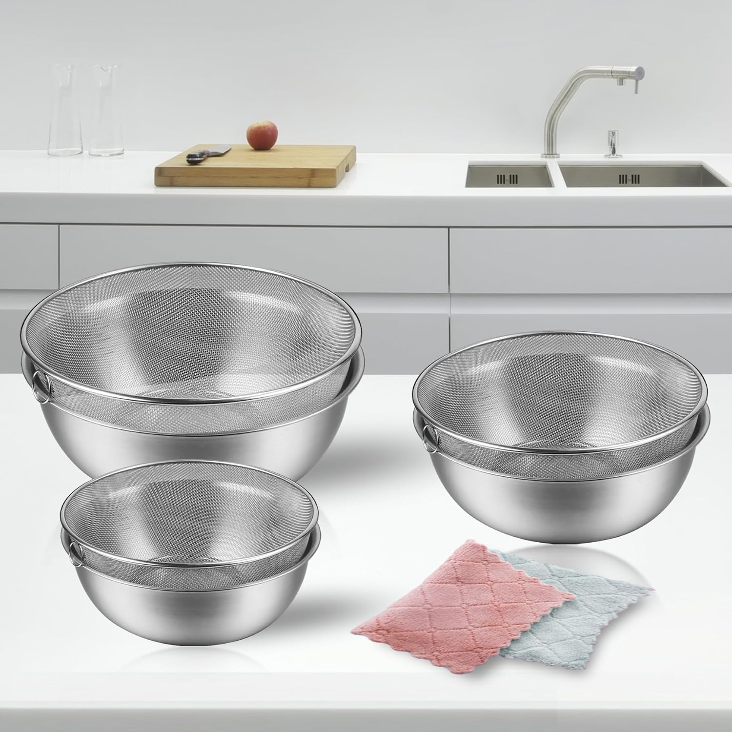6 pcs Stainless Steel Colander Set with 1.2Qt 2Qt and 3Qt