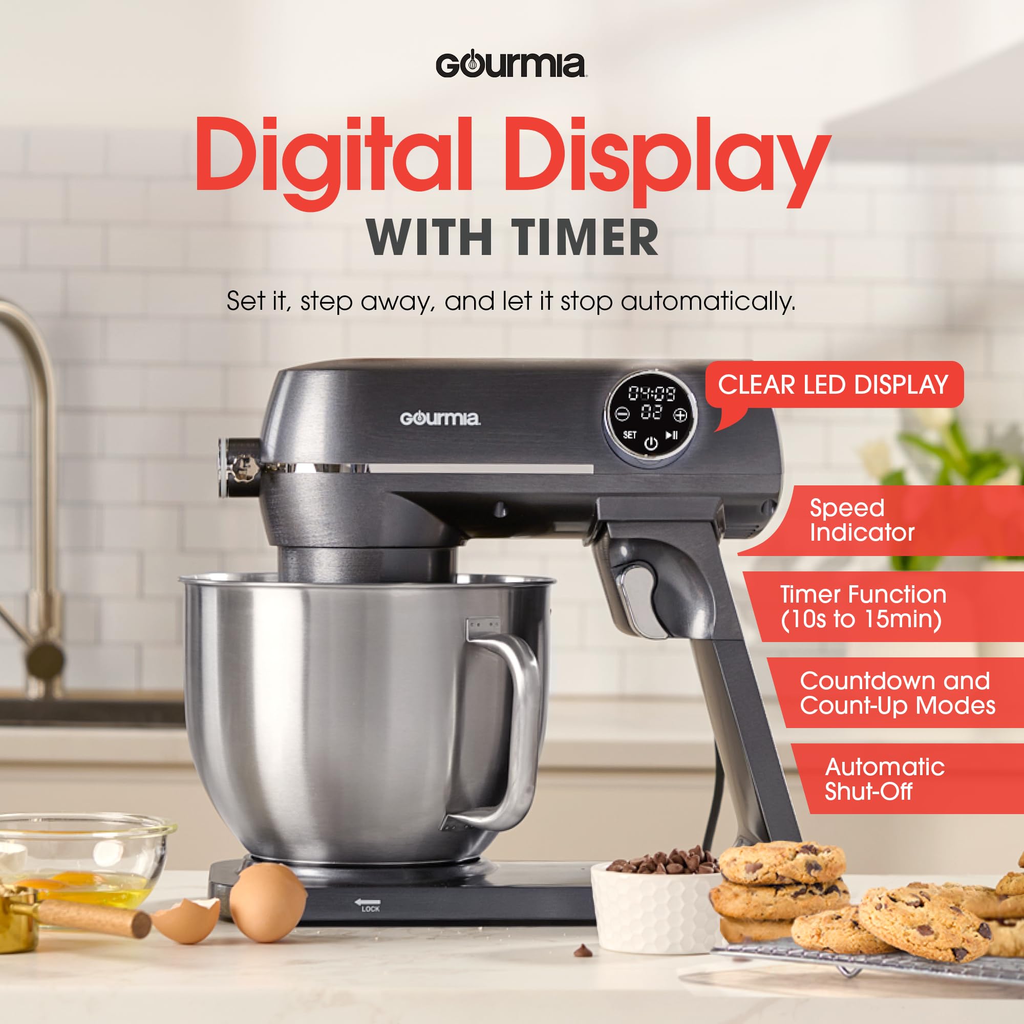 Gourmia 7 Qt Stand Mixer w/Attachments, Bowl Shield, Dough Hook, Whisk & Beater - 10-Speed Heavy Duty Kitchen Countertop Electric Dough Mixer