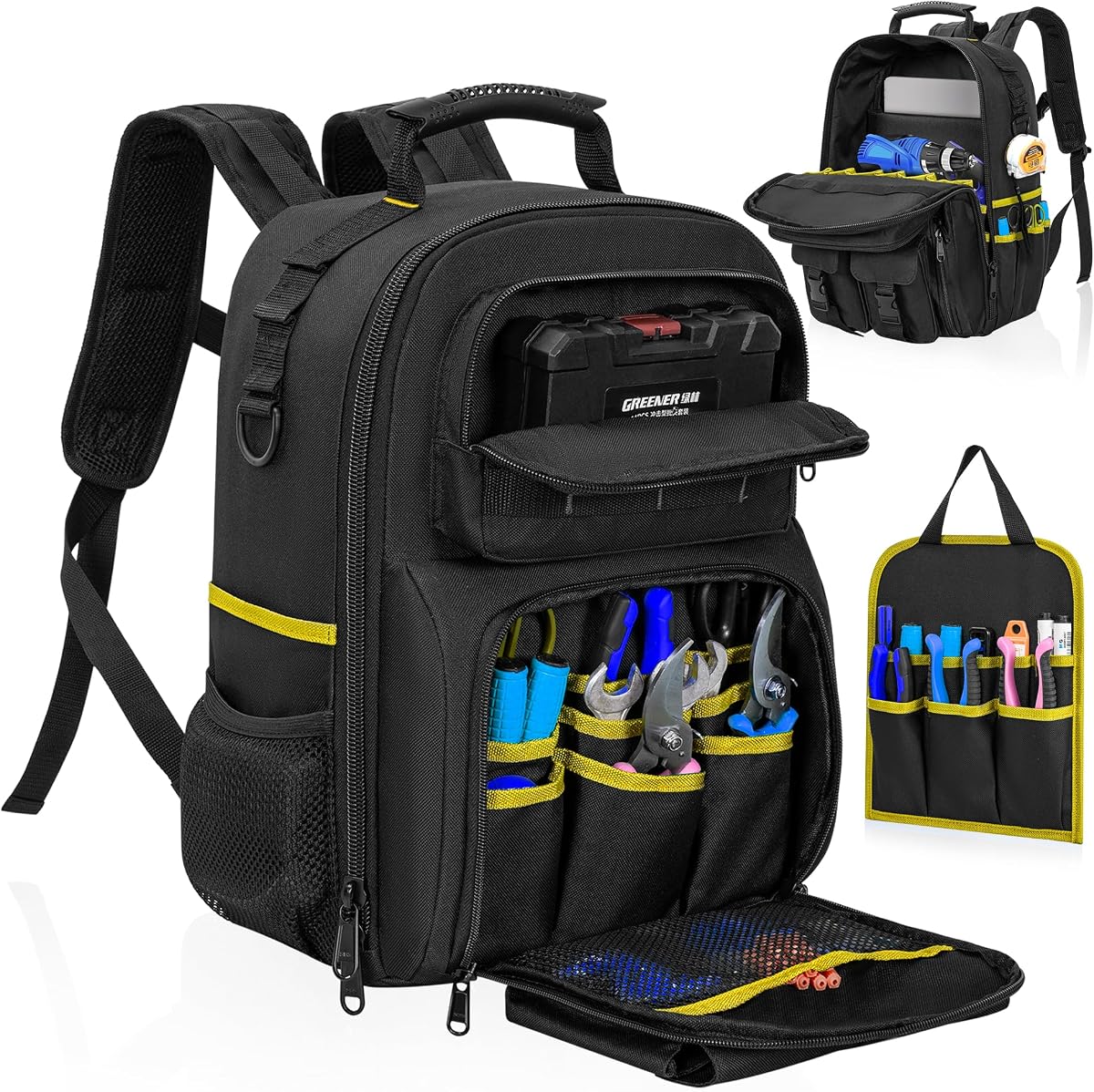 Tool Backpack for Men with Removable Tool Organizer | Heavy Duty Tool Bag, Durable Water-Resistant Work Backpack for Electrician, Plumber, HVAC, Cable Repairman, Black & Yellow