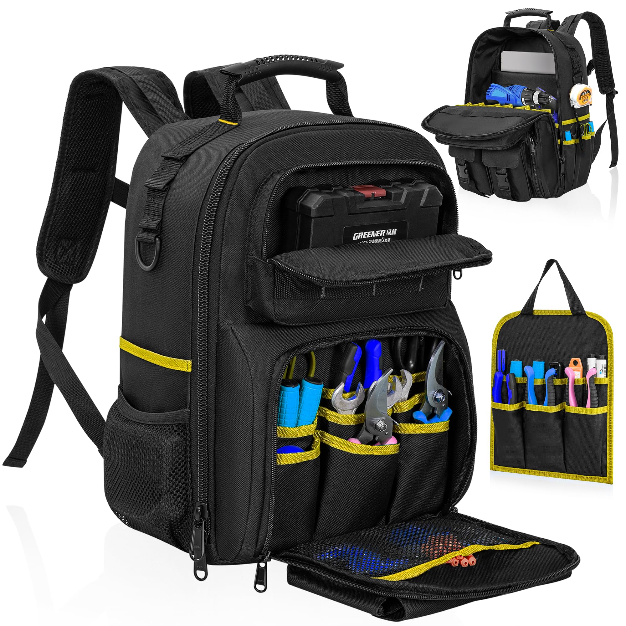Tool Backpack, Heavy Duty Tool Bag with Padded Shoulder and Removable Tool Organizer, Water-Resistant Work Backpack, for Electrician, Plumber, HVAC,