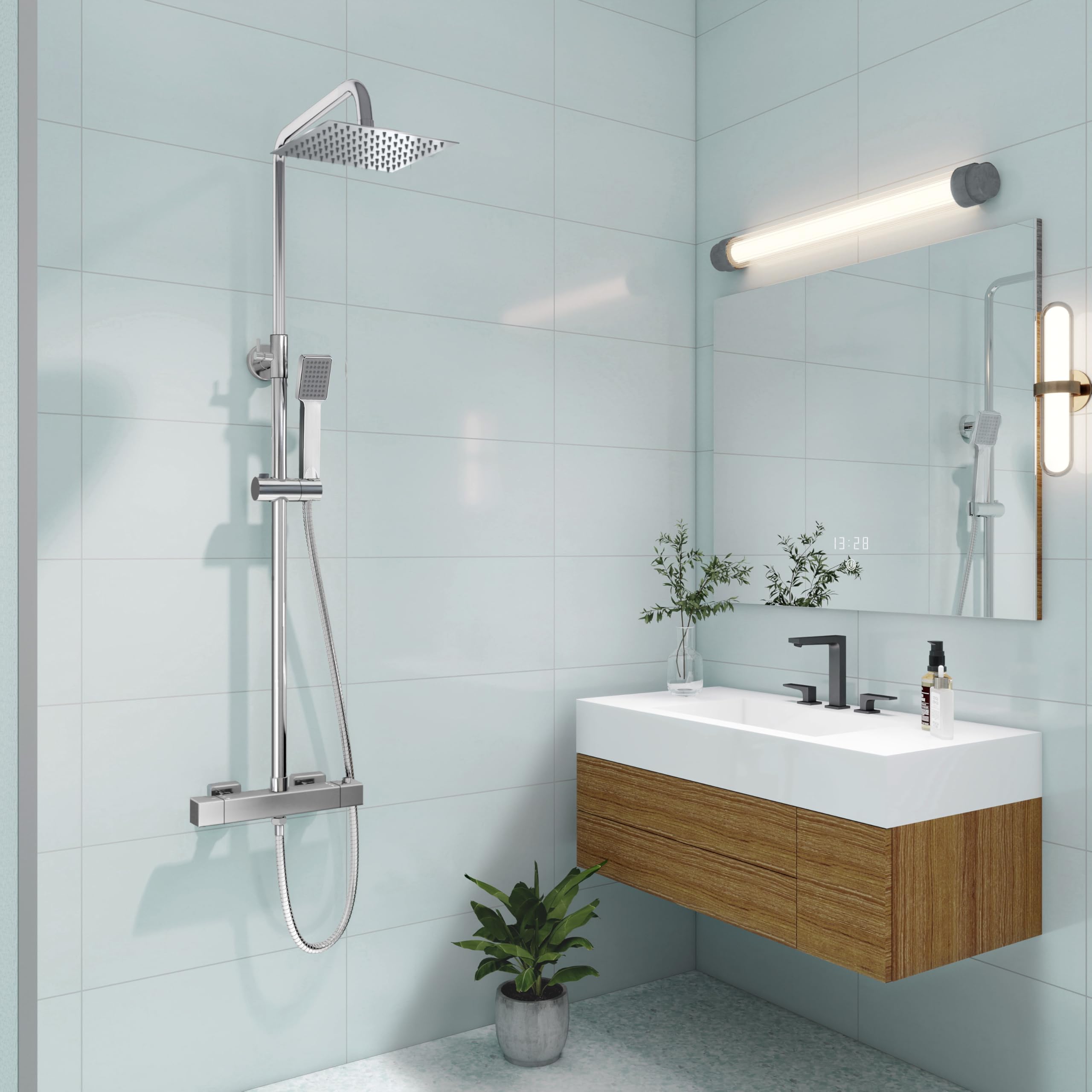 Sline Sanitary Chrome Thermostatic Shower Mixer Set 38 °C Thermostat Shower System With Rainfall Shower Head, Handheld Shower, Anti Scald Shower Mixer Bar Kit, Adjustable Height