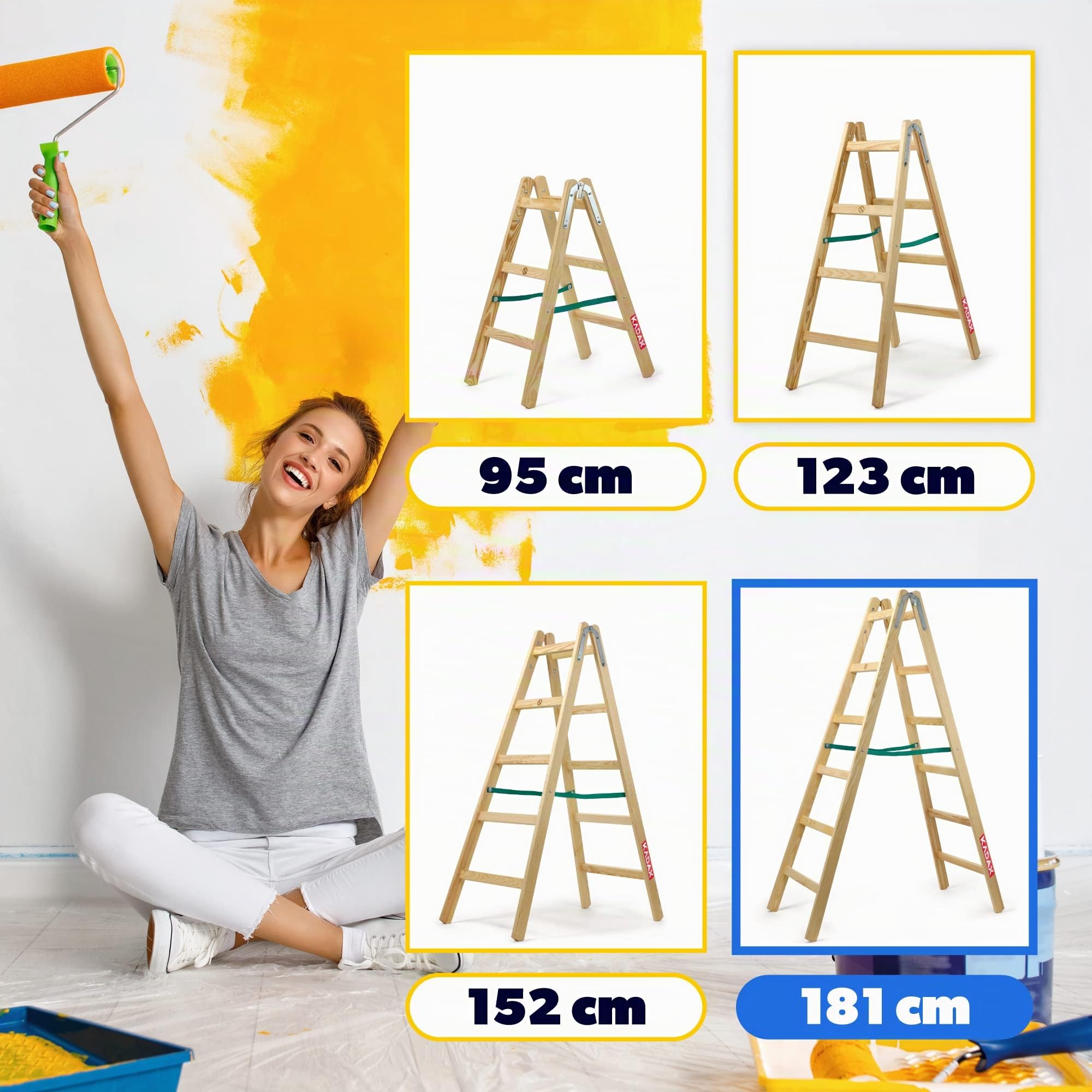 KADAX Scala a Pioli Doppia in Legno di Pino Impregnato, Scaletta Pieghevole con Gancio in Acciaio e Certificata EN 131, Fino a 150 kg (6 Gradini)