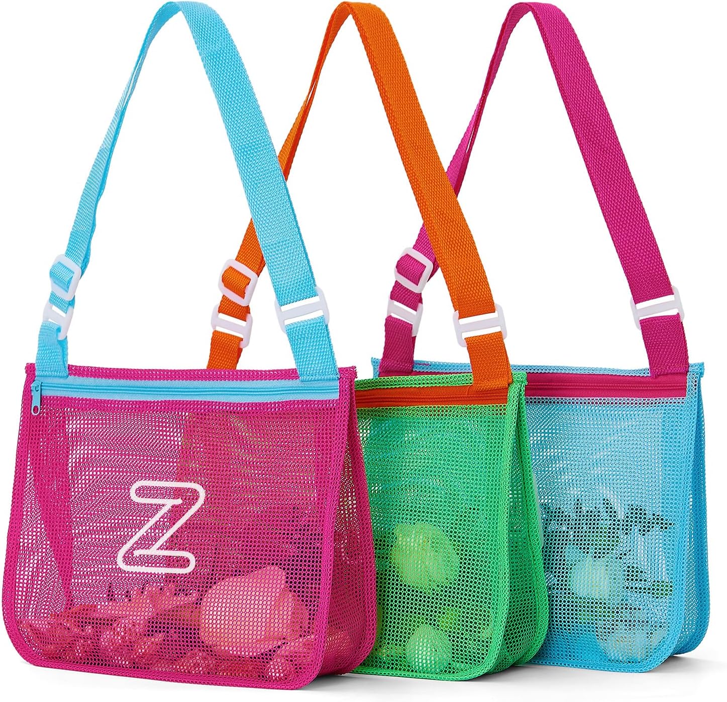 3Pcs Alphabet Printed Seashell Bags, Lightweight & Foldable Kids Beach Toy Mesh Bags with Adjustable Straps, Waterproof and Portable for Pool and Beach Essentials-M