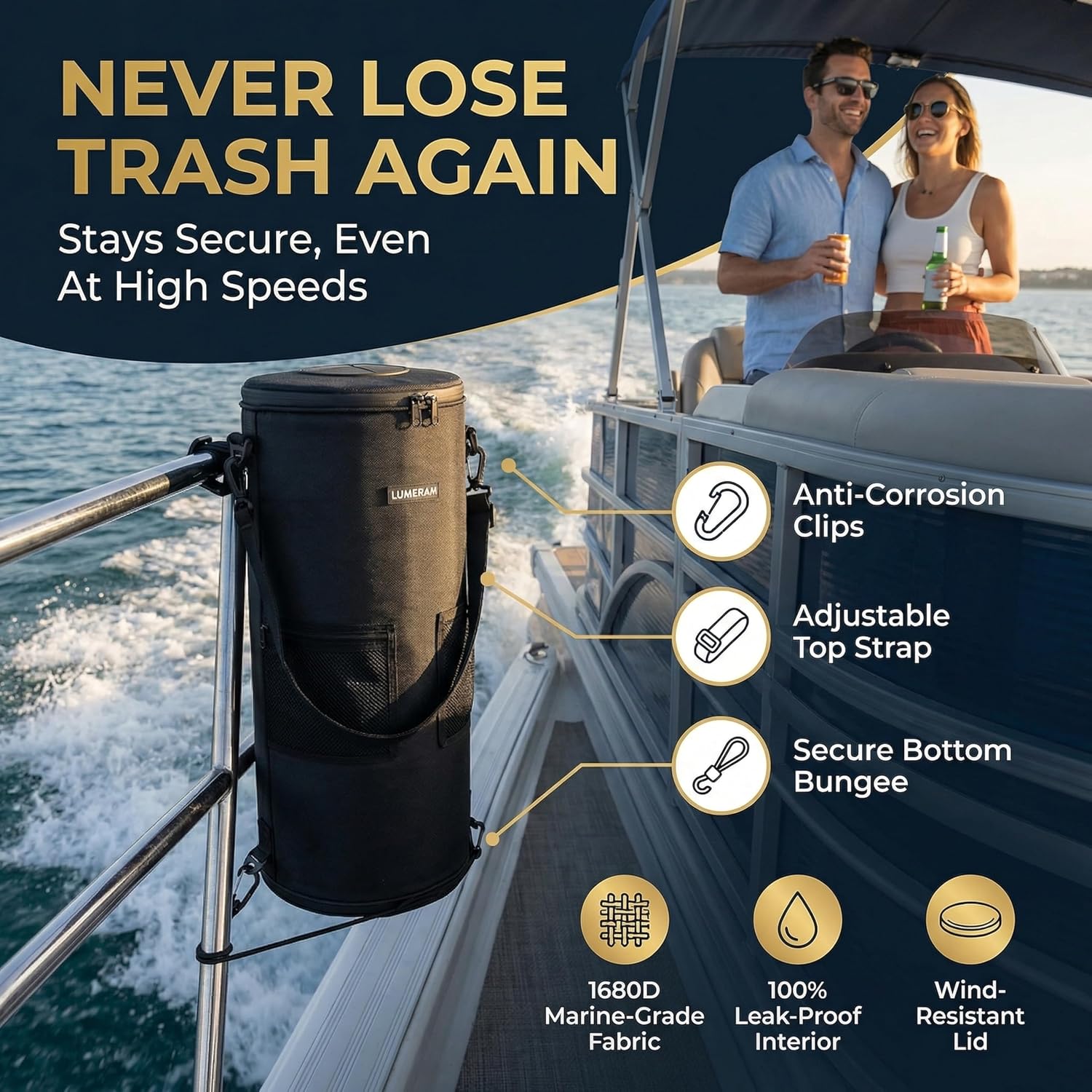 Premium Boat Trash Can with 2 Side Pockets and Bottom Zipper Opening — 100% Odor & Leak Resistant Boat Trash Bag, Easy to Install & Clean — Compatible with 10-13 Gal Garbage Bag